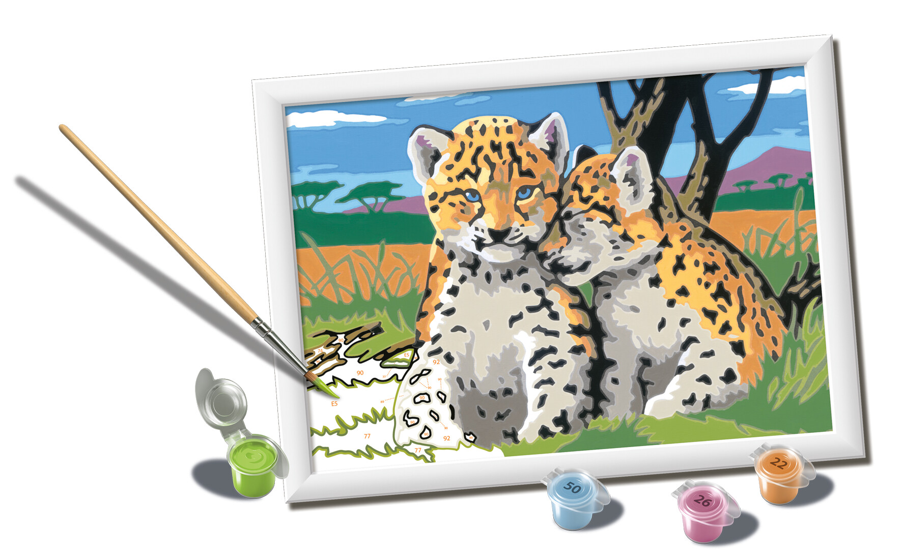 Ravensburger - creart serie d: cuccioli di leopardo, kit per dipingere con i numeri, contiene una tavola prestampata, pennello, colori e accessori, gioco creativo per bambini 9+ anni - RAVENSBURGER