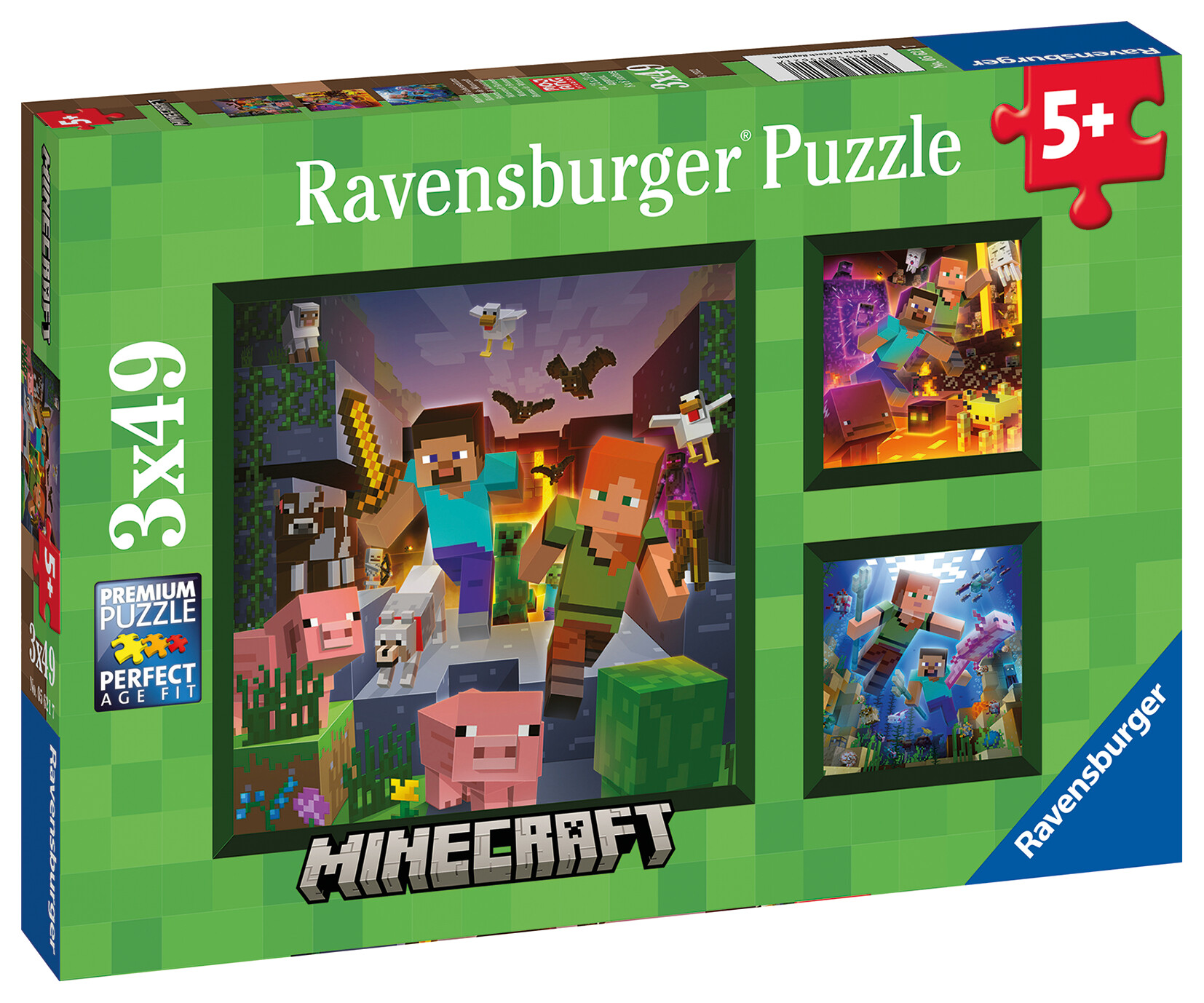 Ravensburger - puzzle minecraft, collezione 3x49, 3 puzzle da 49 pezzi, età raccomandata 5+ anni - MINECRAFT, RAVENSBURGER