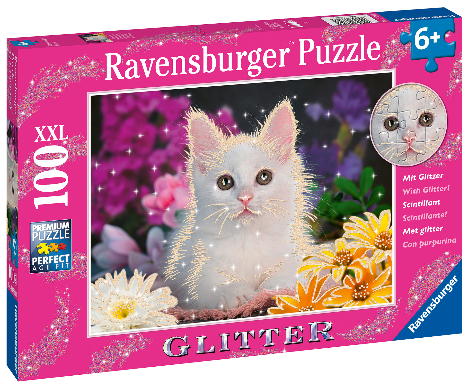 Ravensburger - puzzle gattino glitter, 100 pezzi xxl, età raccomandata 6+ anni - RAVENSBURGER