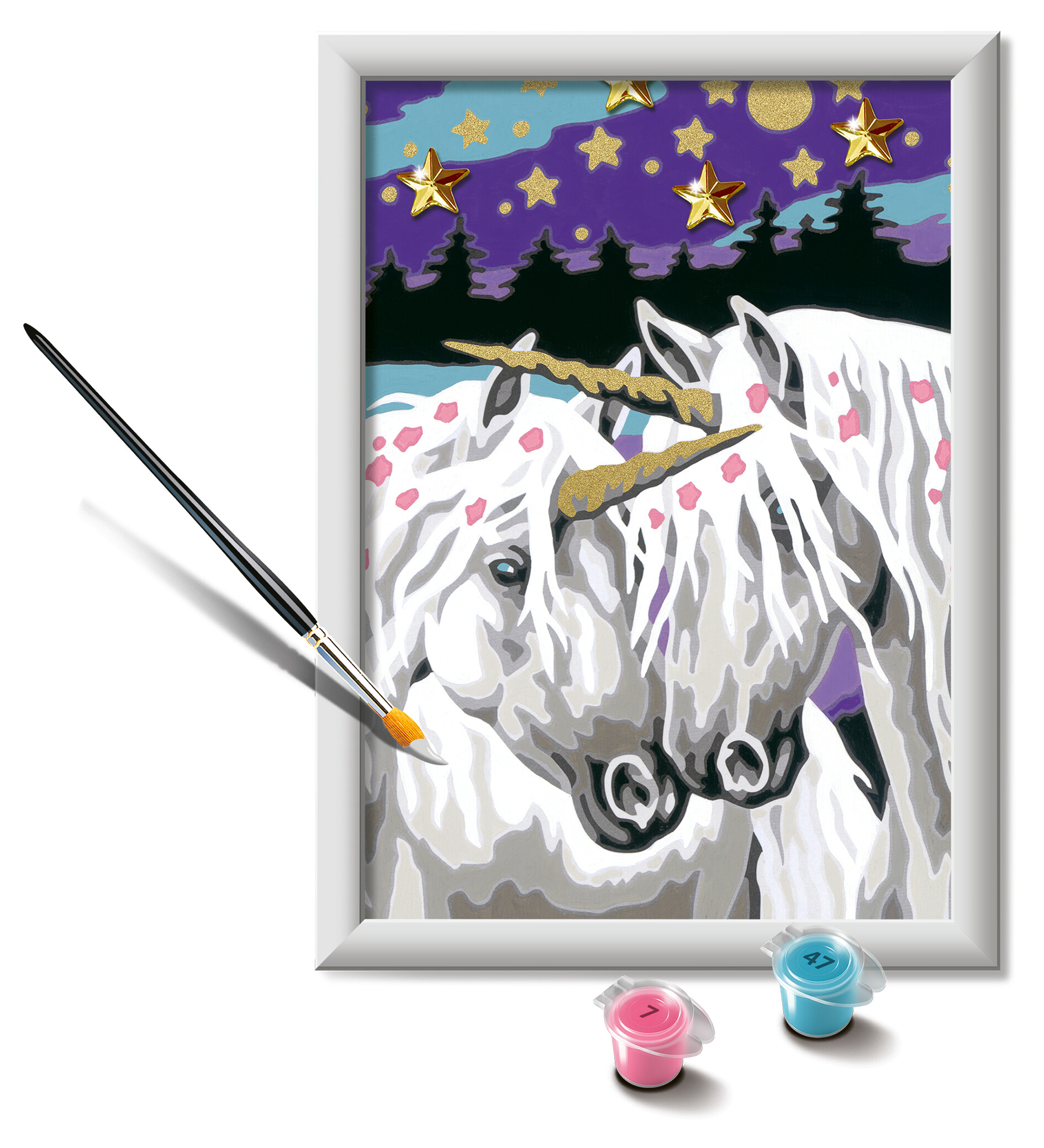 Ravensburger - creart serie e: unicorni innamorati, kit per dipingere con i numeri, contiene una tavola prestampata, pennello, colori e accessori, gioco creativo per bambini 9+ anni - RAVENSBURGER