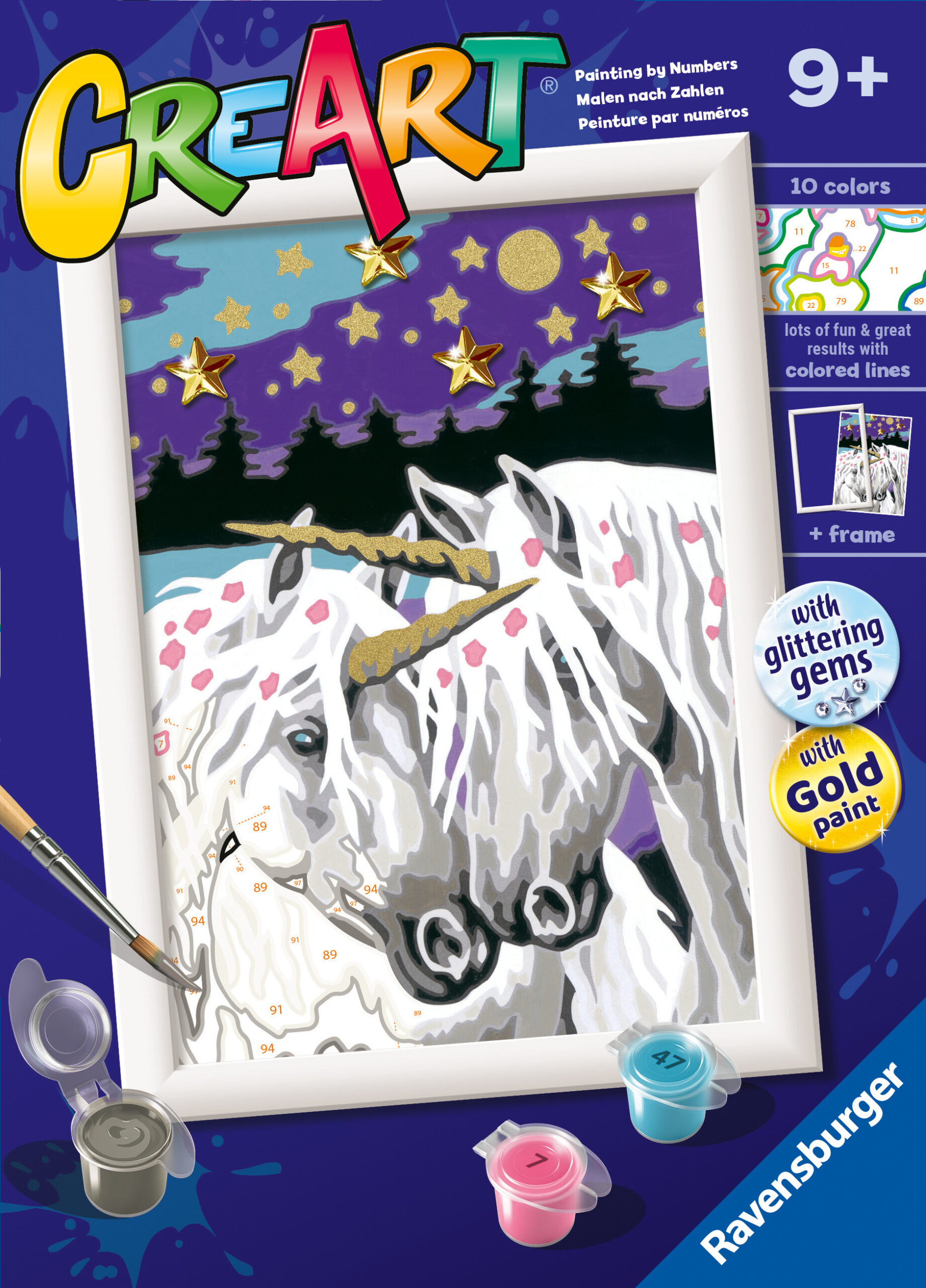 Ravensburger - creart serie e: unicorni innamorati, kit per dipingere con i numeri, contiene una tavola prestampata, pennello, colori e accessori, gioco creativo per bambini 9+ anni - RAVENSBURGER