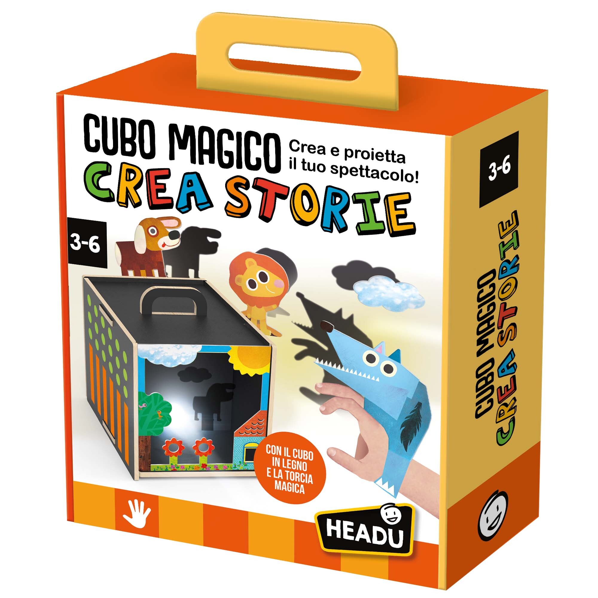 Cubo magico crea storie.	crea e proietta il tuo spettacolo!	made in italy.  teacher tested - HEADU