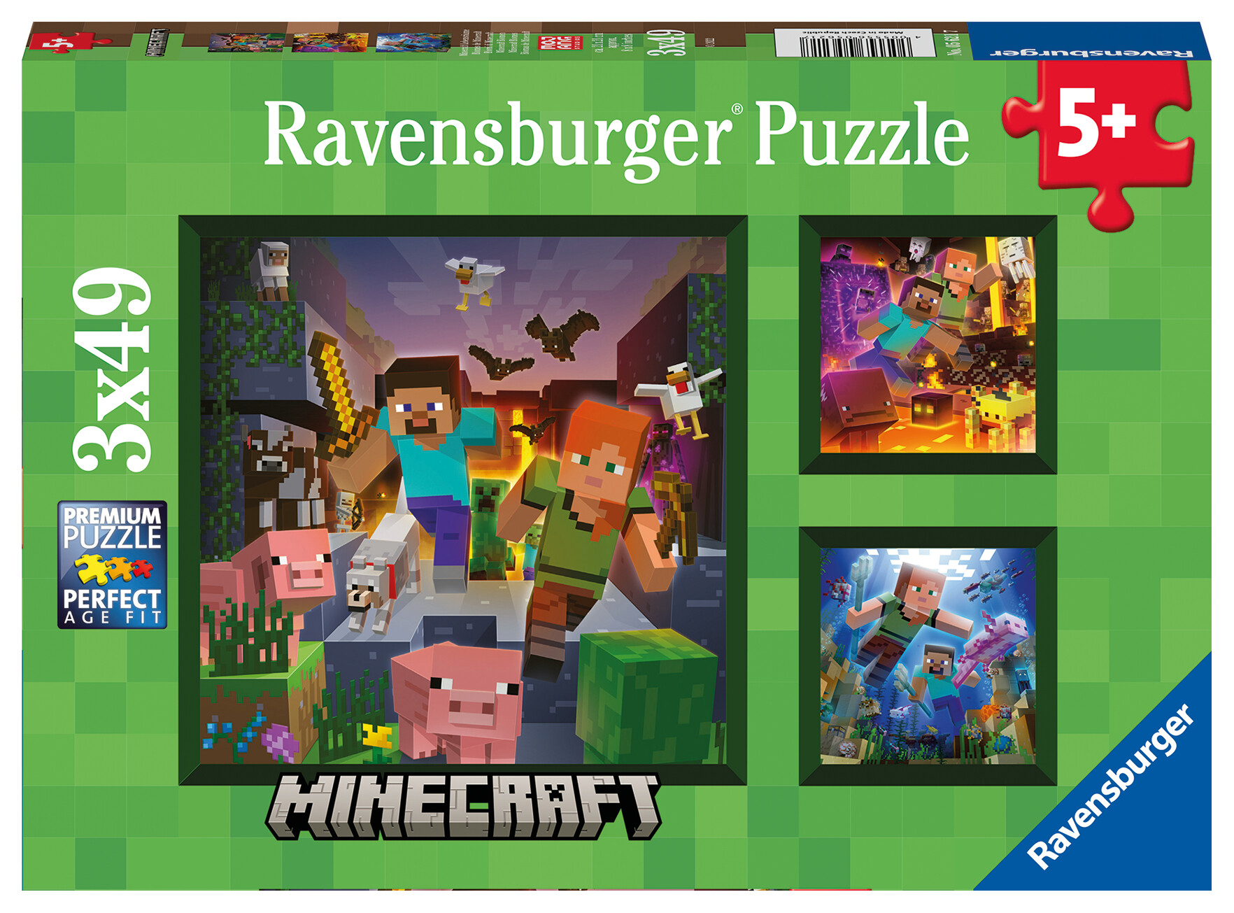 Ravensburger - puzzle minecraft, collezione 3x49, 3 puzzle da 49 pezzi, età raccomandata 5+ anni - MINECRAFT, RAVENSBURGER