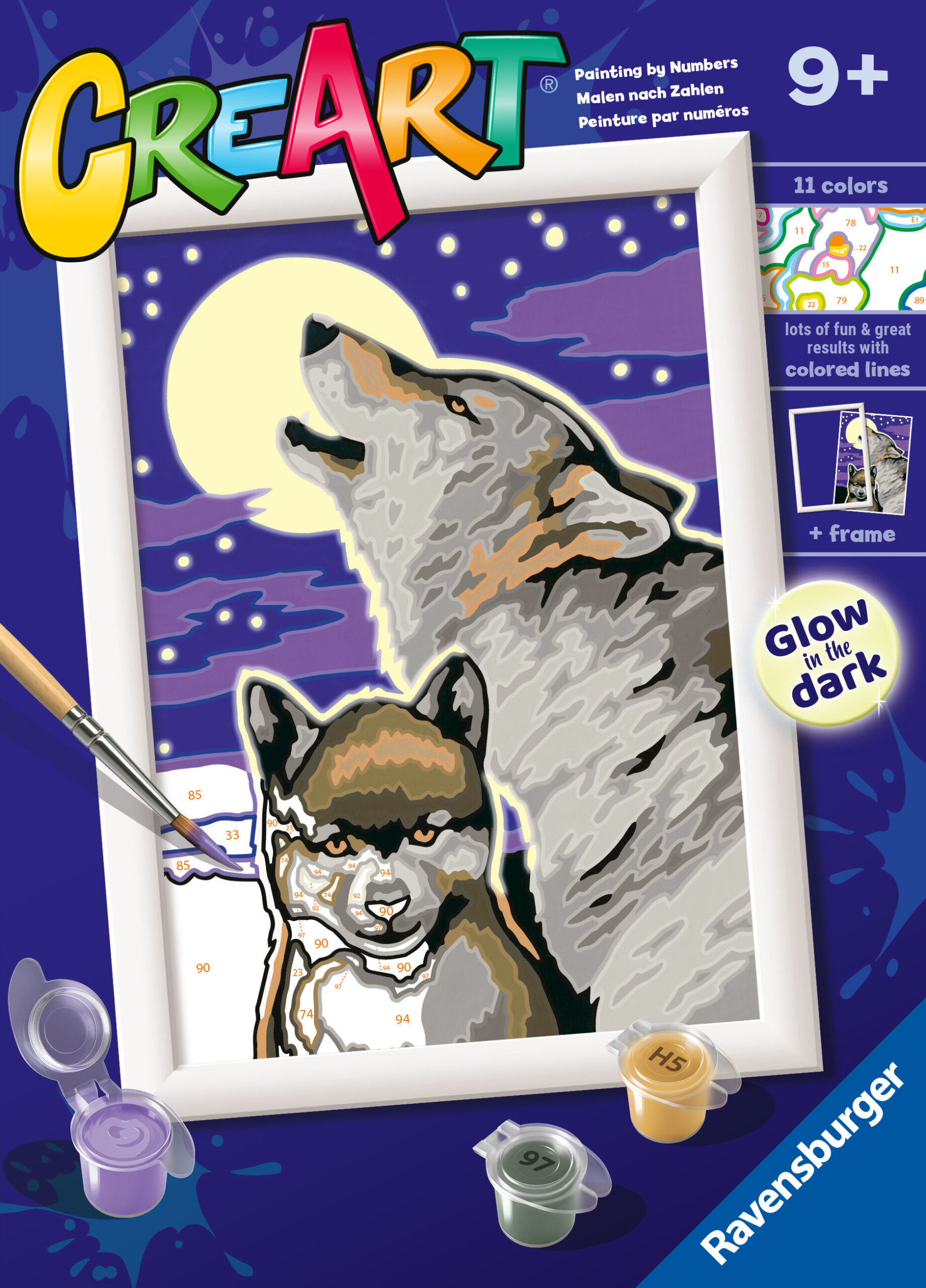 Ravensburger - creart serie e: lupi, kit per dipingere con i numeri, contiene una tavola prestampata, pennello, colori e accessori, gioco creativo per bambini 9+ anni - RAVENSBURGER