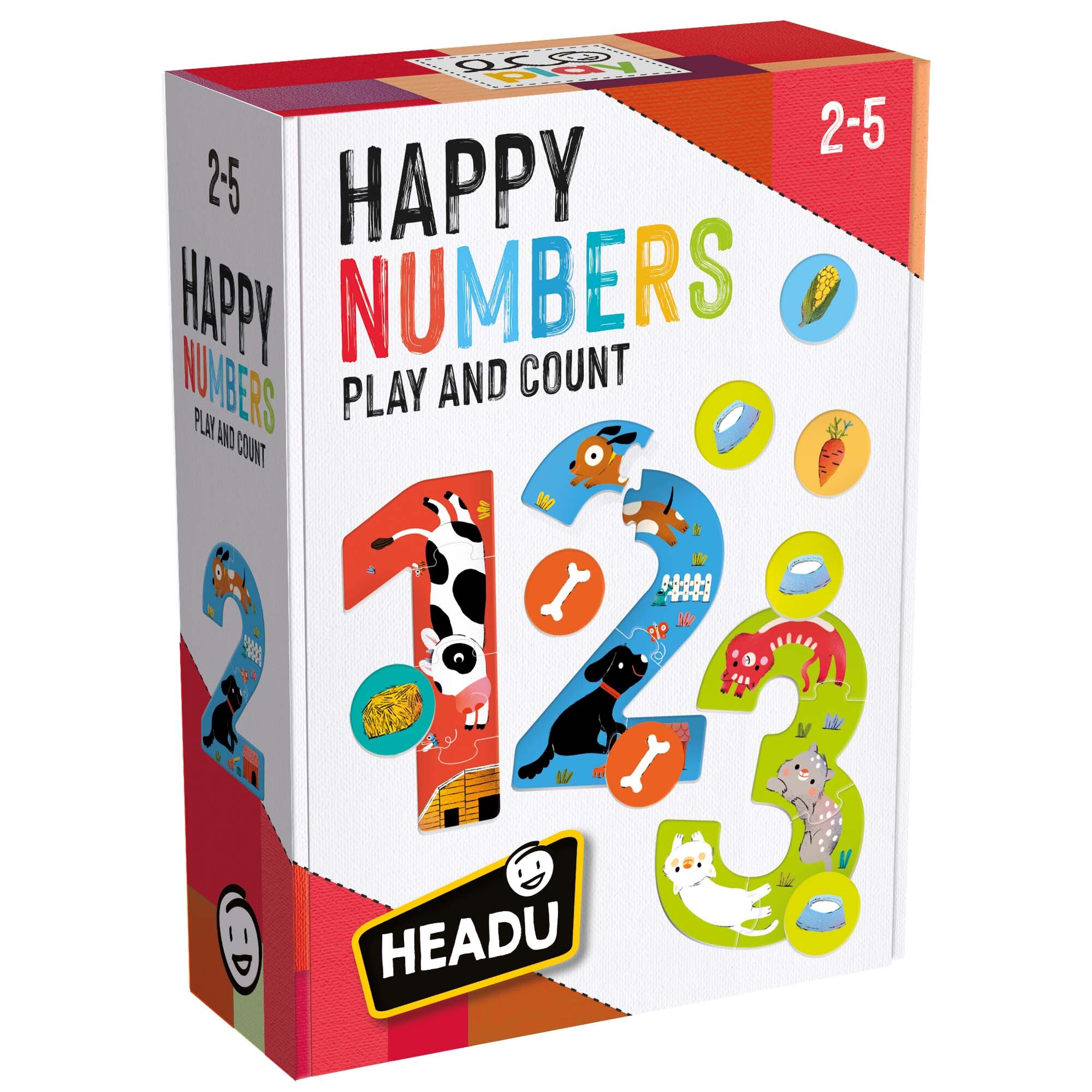 Happy numbers.	play and count.	made in italy.  2-5 anni - HEADU