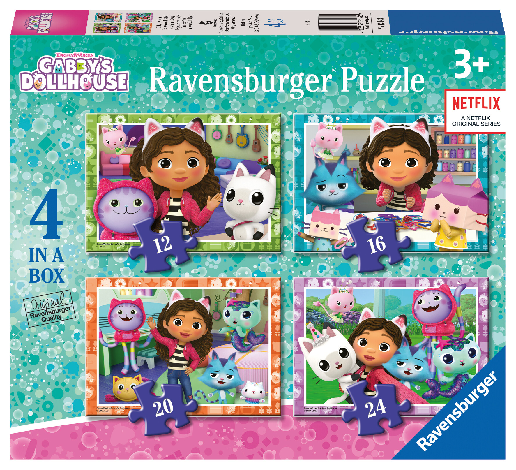 Ravensburger - puzzle gabby's dollhouse, collezione 4 in a box, 4 puzzle da 12-16-20-24 pezzi, età raccomandata 3+ anni - RAVENSBURGER