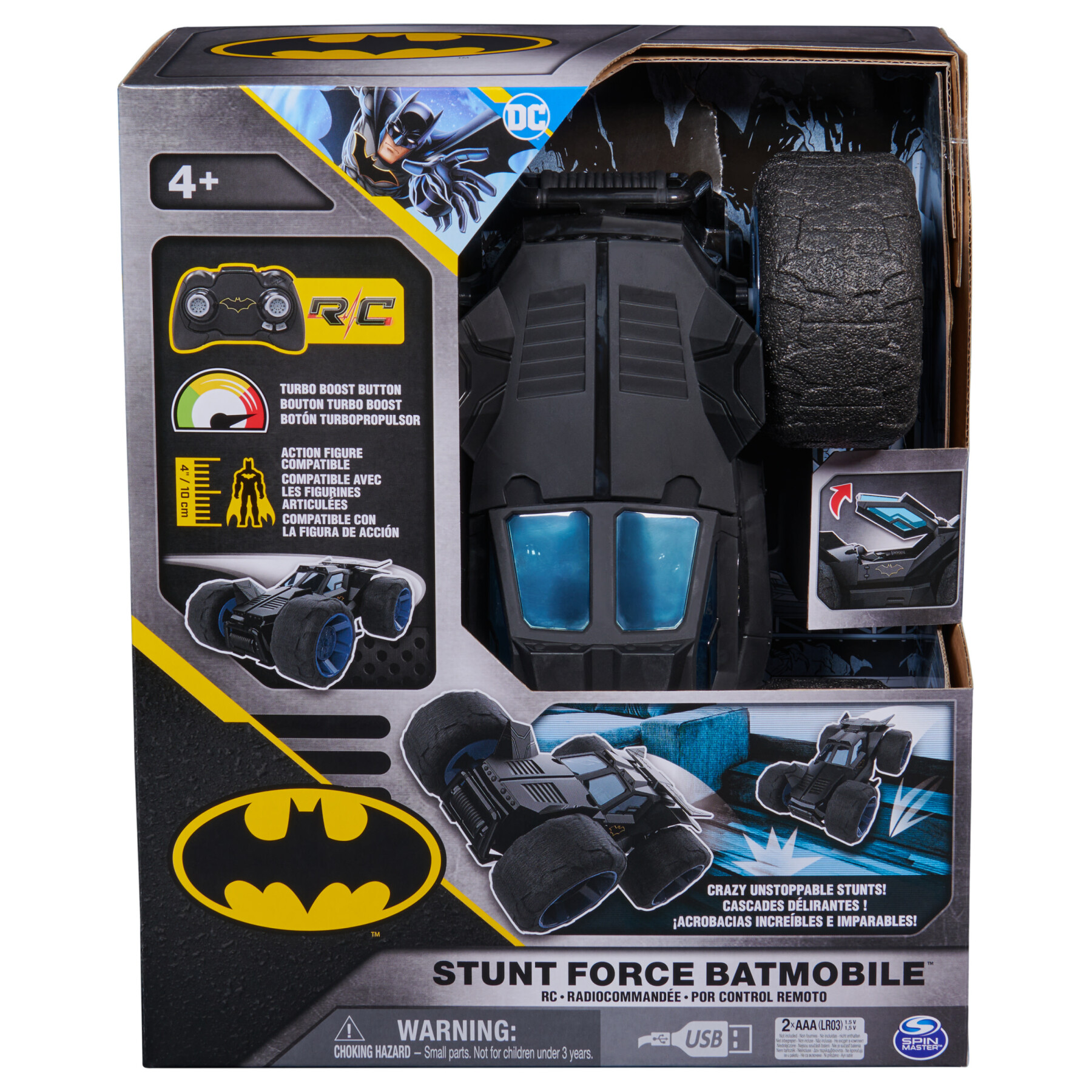 Dc comics, batman stunt force, batmobile telecomandata, compatibile con le action figure batman, giochi per bambini e bambine, 4+ anni - BATMAN