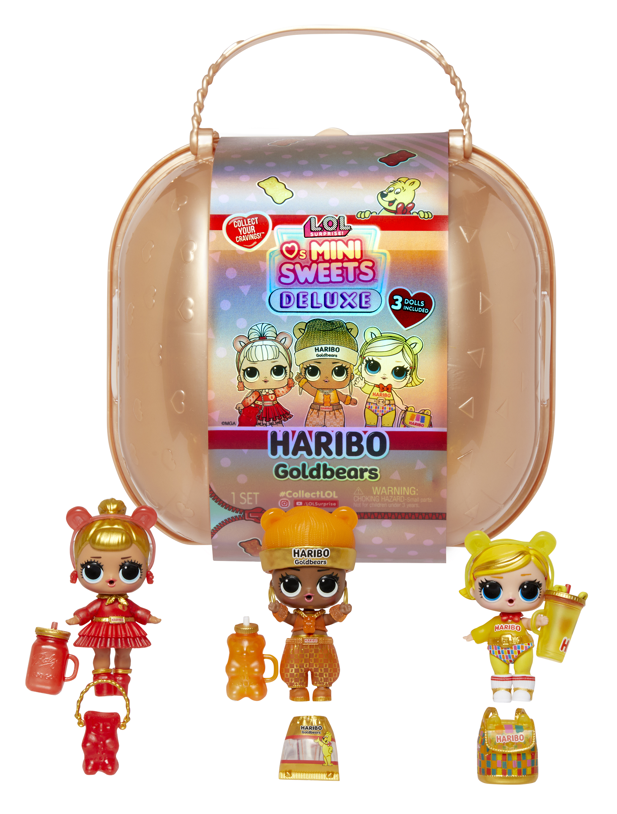 Lol surprise loves mini sweets deluxe x haribo - goldbears - include 3 bambole a tema caramelle, accessori divertenti e sorprese d’acqua - LOL