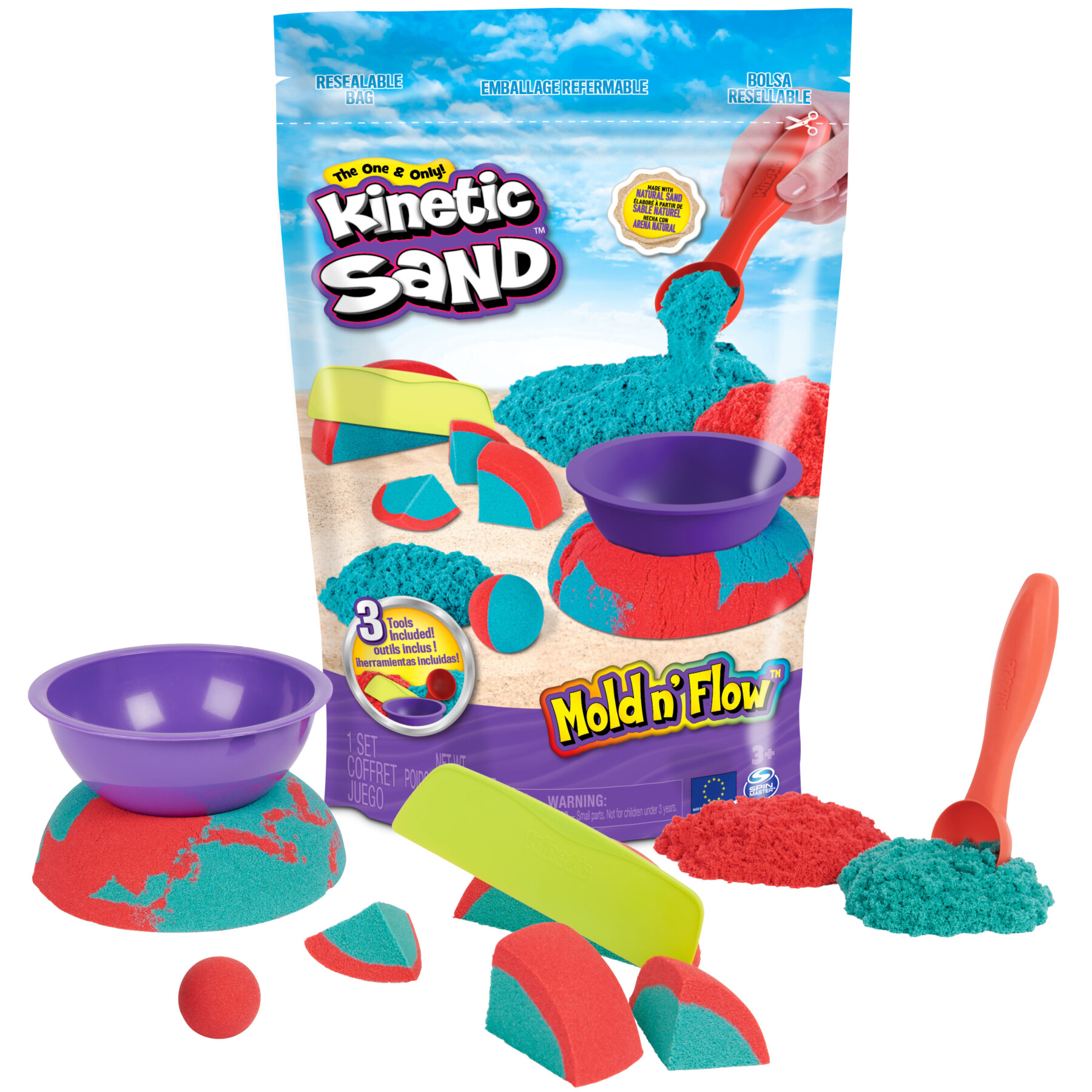 Kinetic sand, mold n’ flow, 680g di kinetic sand, sabbia in 2 colori, rossa e verde, 3 strumenti per modellare e creare, gioco per bambini e bambine, 3+ anni - KINETIC SAND