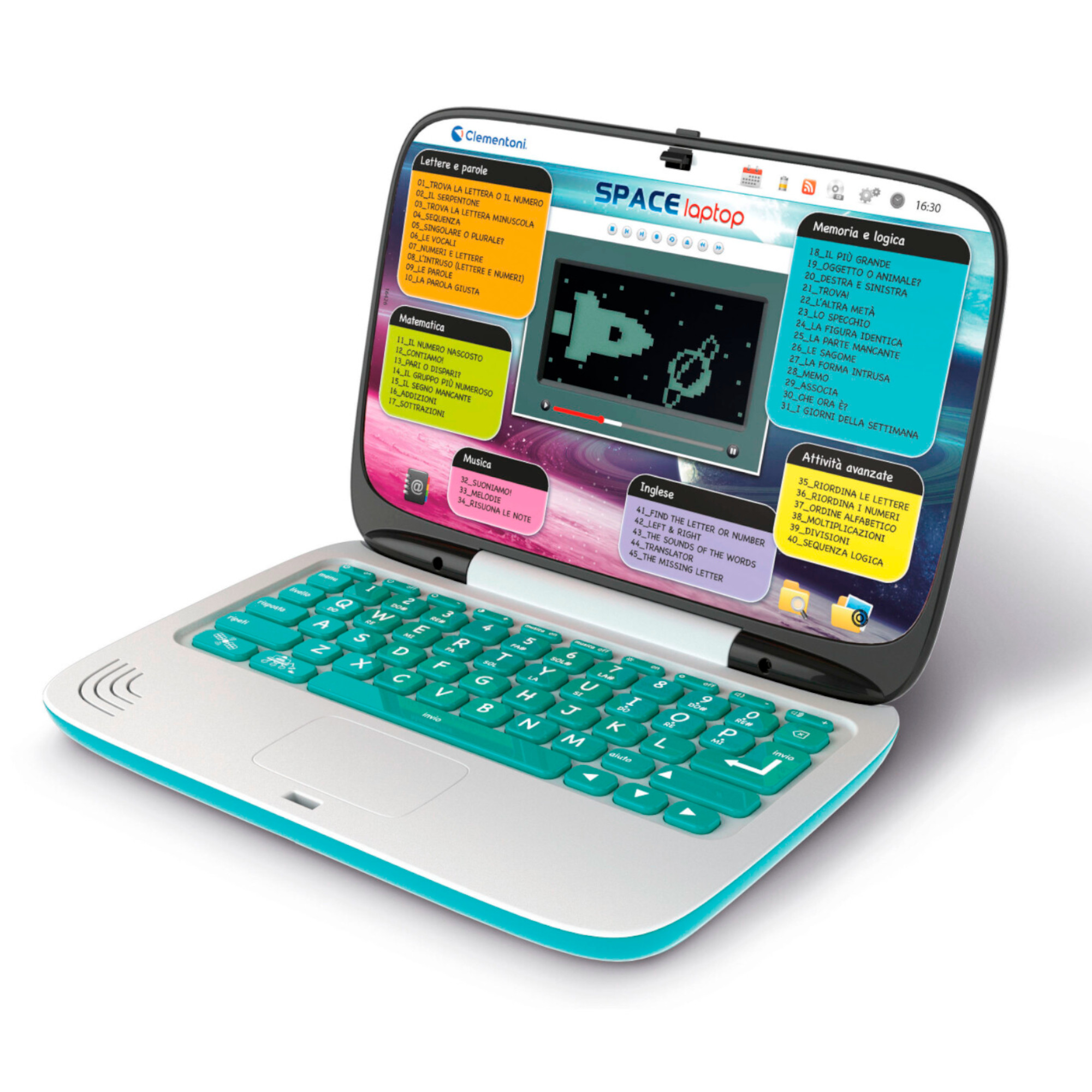 Space laptop clementoni interattivo educativo per bambini - 45 attività - schermo lcd retroilluminato - apprendimento lingua inglese - CLEMENTONI