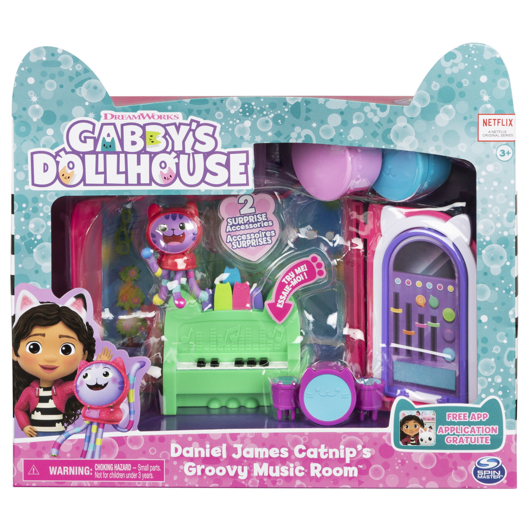 Gabby's dollhouse, groovy music room con personaggio daniel james catnip, 2 accessori, 2 mobili e 2 scatole con sorpresa, giocattoli per bambini dai 3 anni in su - GABBY'S DOLLHOUSE