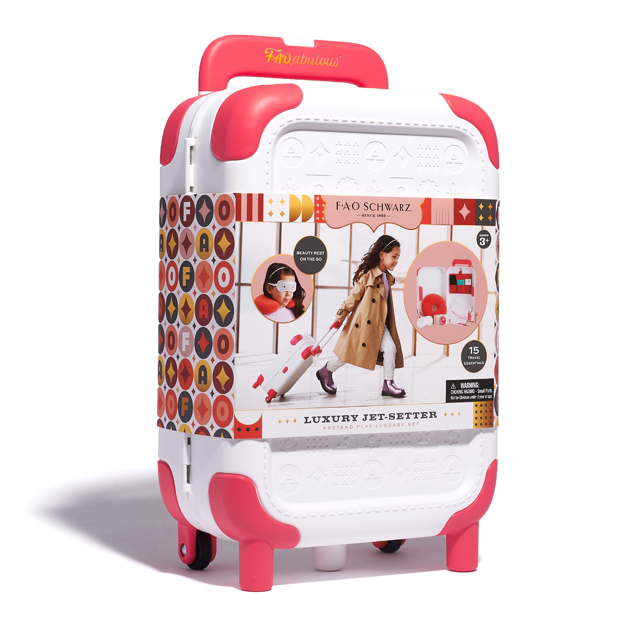 Set da viaggio giocattolo jet-setter con trolley e accessori, 15 pezzi - FAO Schwarz