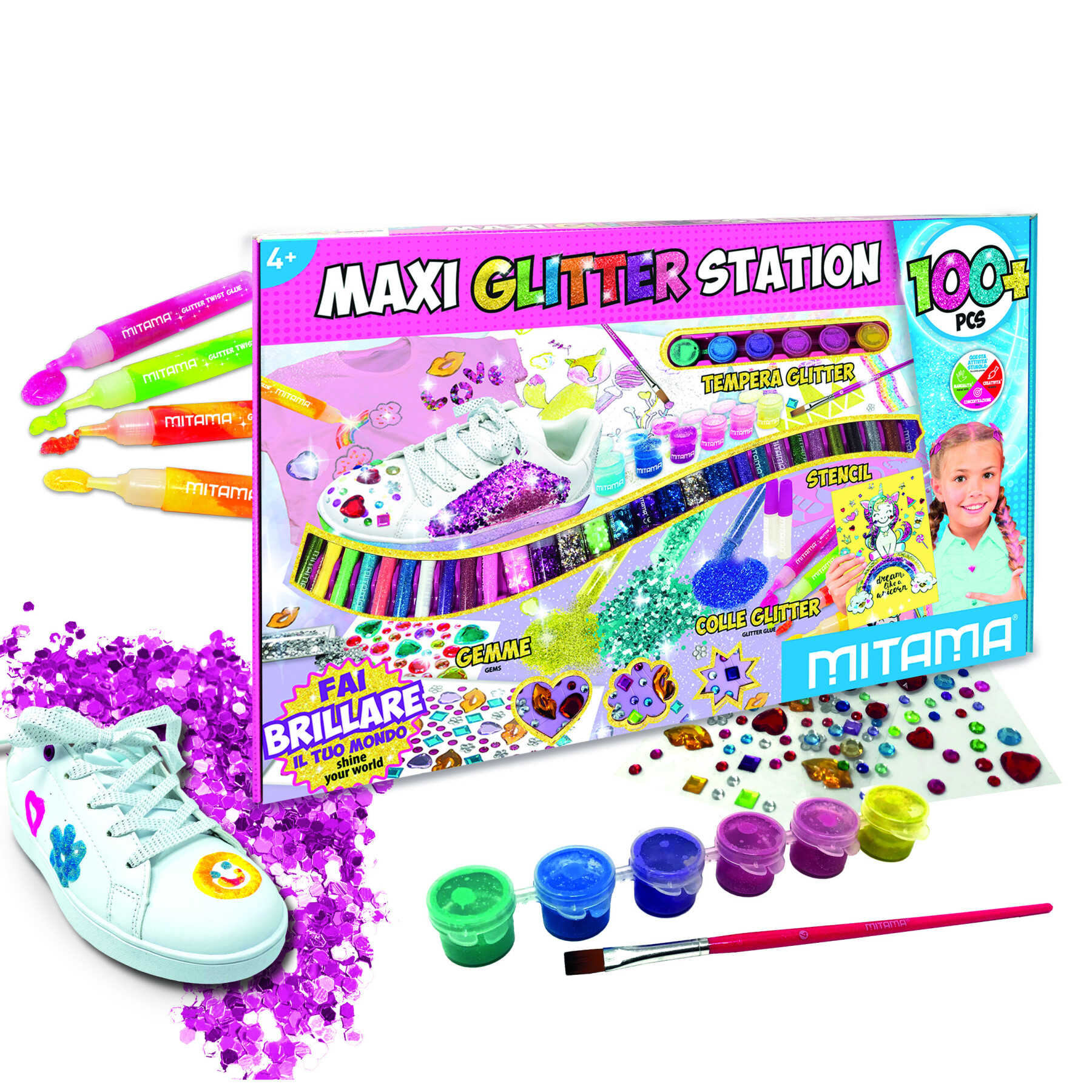 Maxi glitter station mitama 100 pezzi. contenuto : 29 polverine glitter, 6 tempera glitter, 1 pennello, 4 colle glitter, 3 colle per polverine glitter, 56 gemme, 4 stencil - 