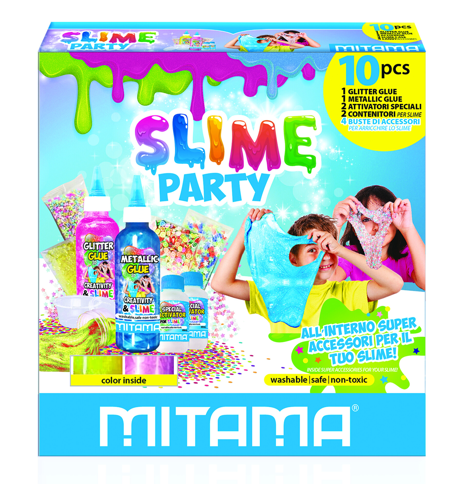Glitter glue slime party mitama 10 pz.,2 glue+2 attivatori+ 6 accessori - 
