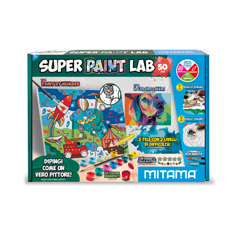 Super paint lab kit 16 col. acrilici c/pennello, 2 tele, gemme, glitter - 