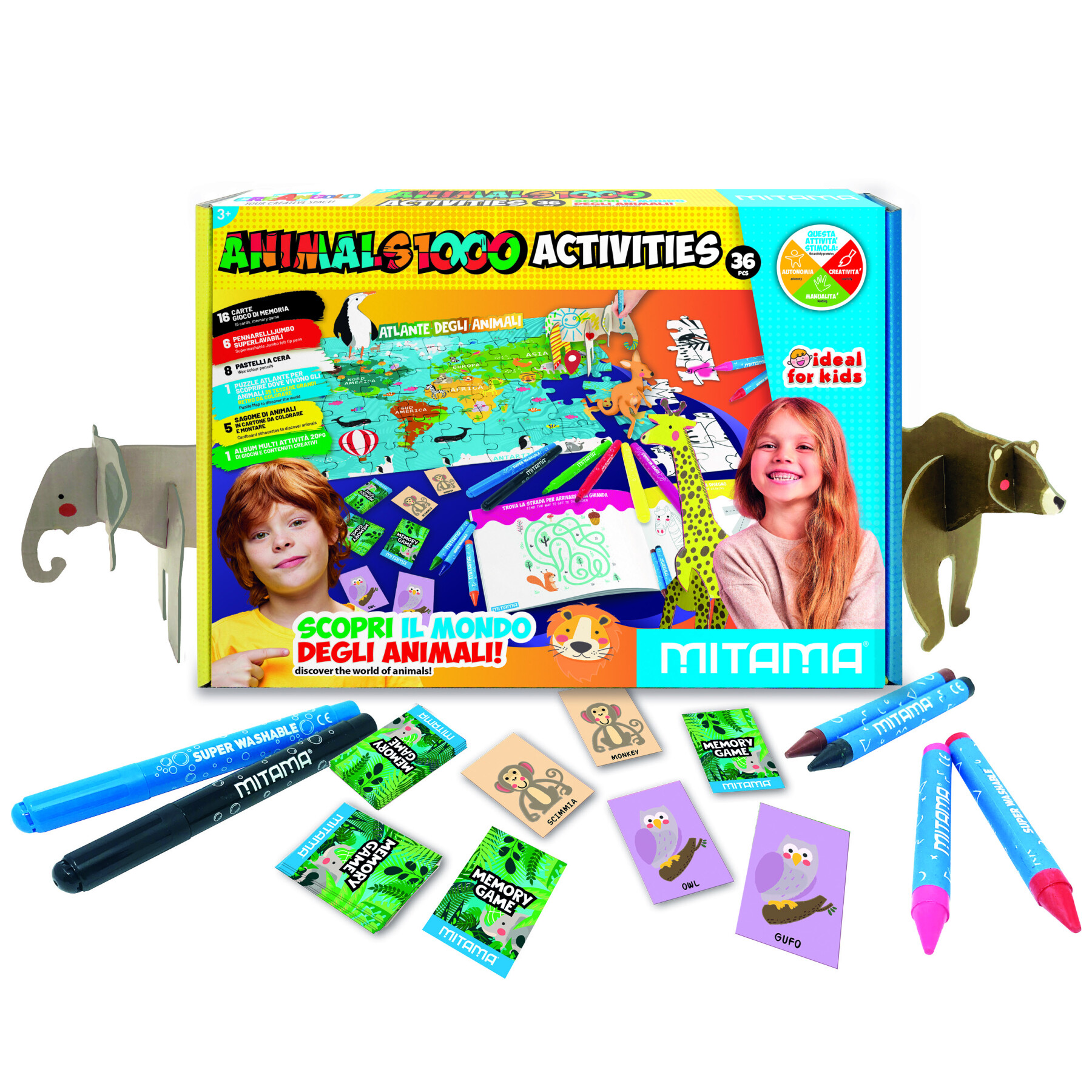 Jumbo animals 1000 activity mitama, scatola creativa con colori e giochi - 