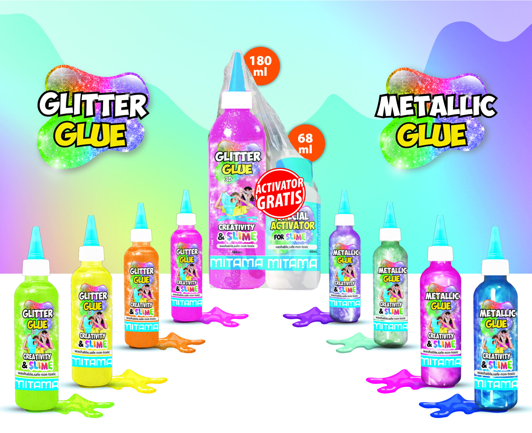 Set glitter glue/slime mitama+ attivatore omaggio, glitter/metal ,180+65ml , super contenuto : 1 colla glitter 100 ml + 1 attivatore 68 ml - 