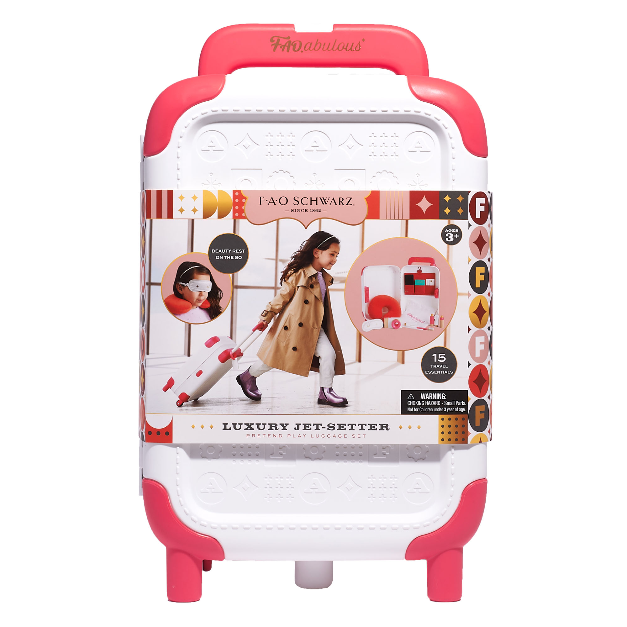 Set da viaggio giocattolo jet-setter con trolley e accessori, 15 pezzi - FAO Schwarz