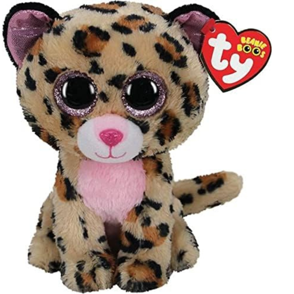 Ty - peluche - beanie boos - leopardo - livvie - marrone e nero - occhioni e orecchie rosa glitter - il peluche con gli occhi grandi scintillanti - 15 cm - 36367 - TY