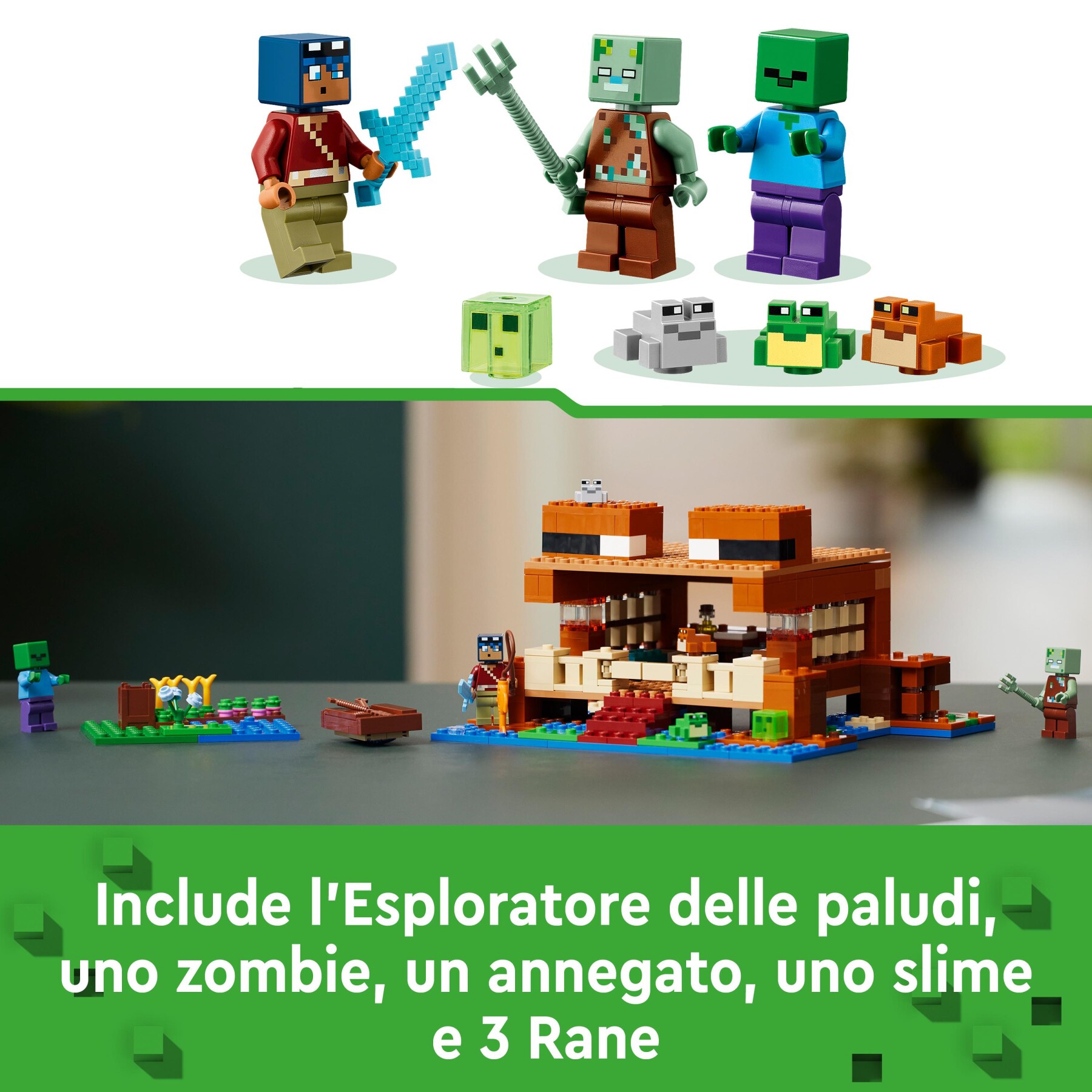 Lego minecraft 21256 la casa-rana, giocattolo da costruire per bambini di 8+ anni con personaggi, mob e animali del videogioco - MINECRAFT