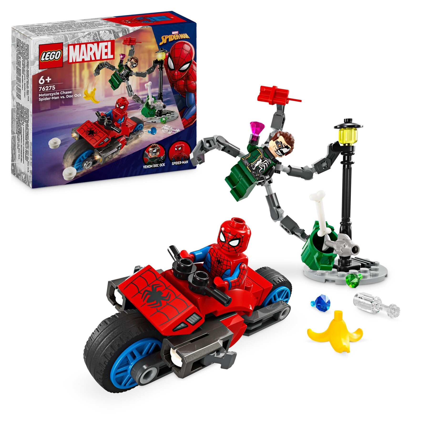 Lego marvel 76275 inseguimento sulla moto: spider-man vs. doc ock, motocicletta giocattolo spara ragnatele per bambini 6+ anni - LEGO SUPER HEROES
