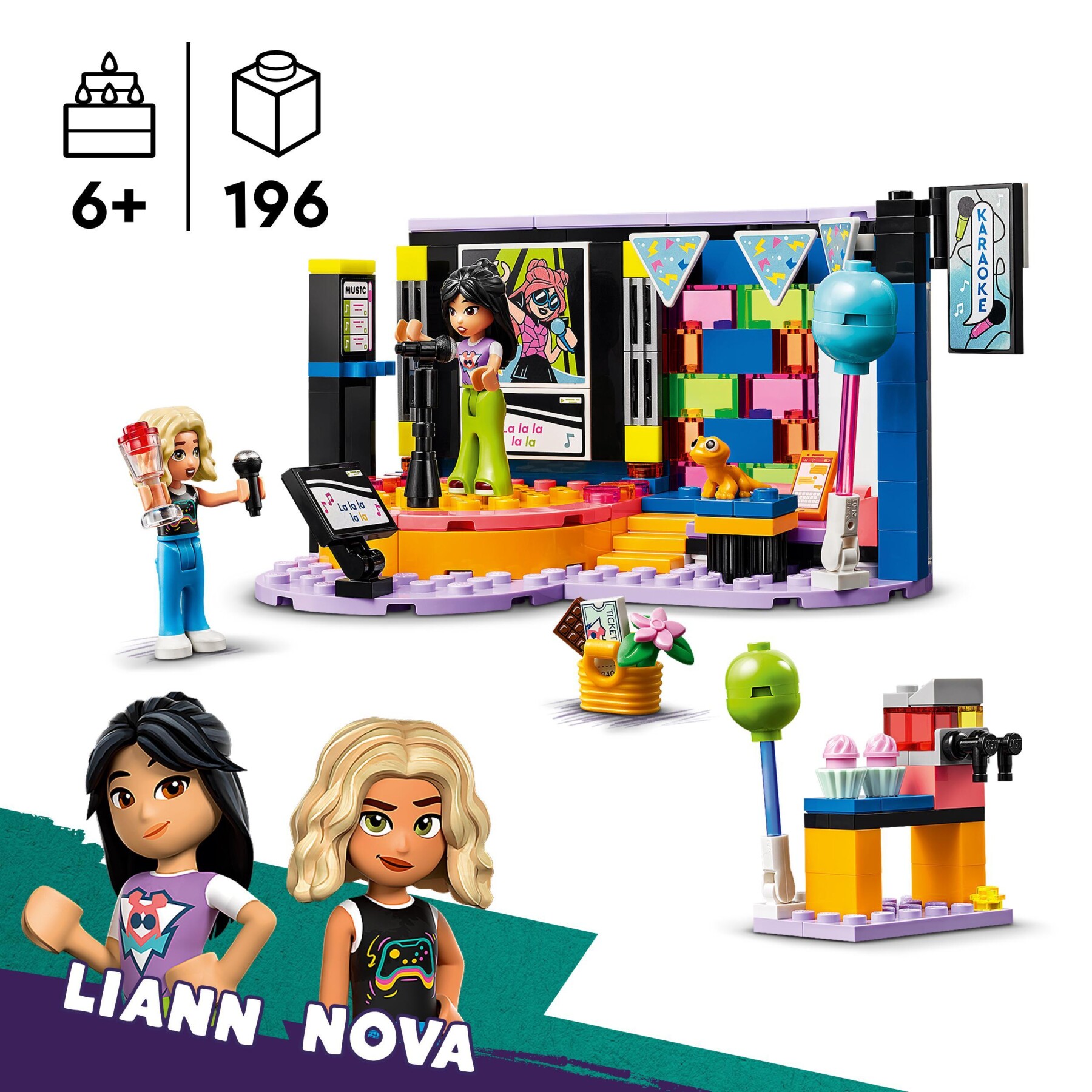 Lego friends 42610 karaoke party, giochi musicali per bambini di 6+ anni con palco girevole e 2 mini bamboline di liann e nova - LEGO FRIENDS
