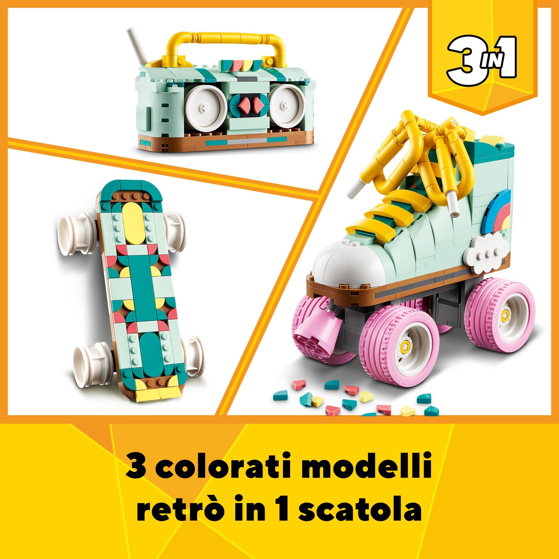 Lego creator 31148 3in1 pattino a rotelle retrò trasformabile in mini skateboard o radio giocattolo, giochi per bambini 8+ - LEGO CREATOR