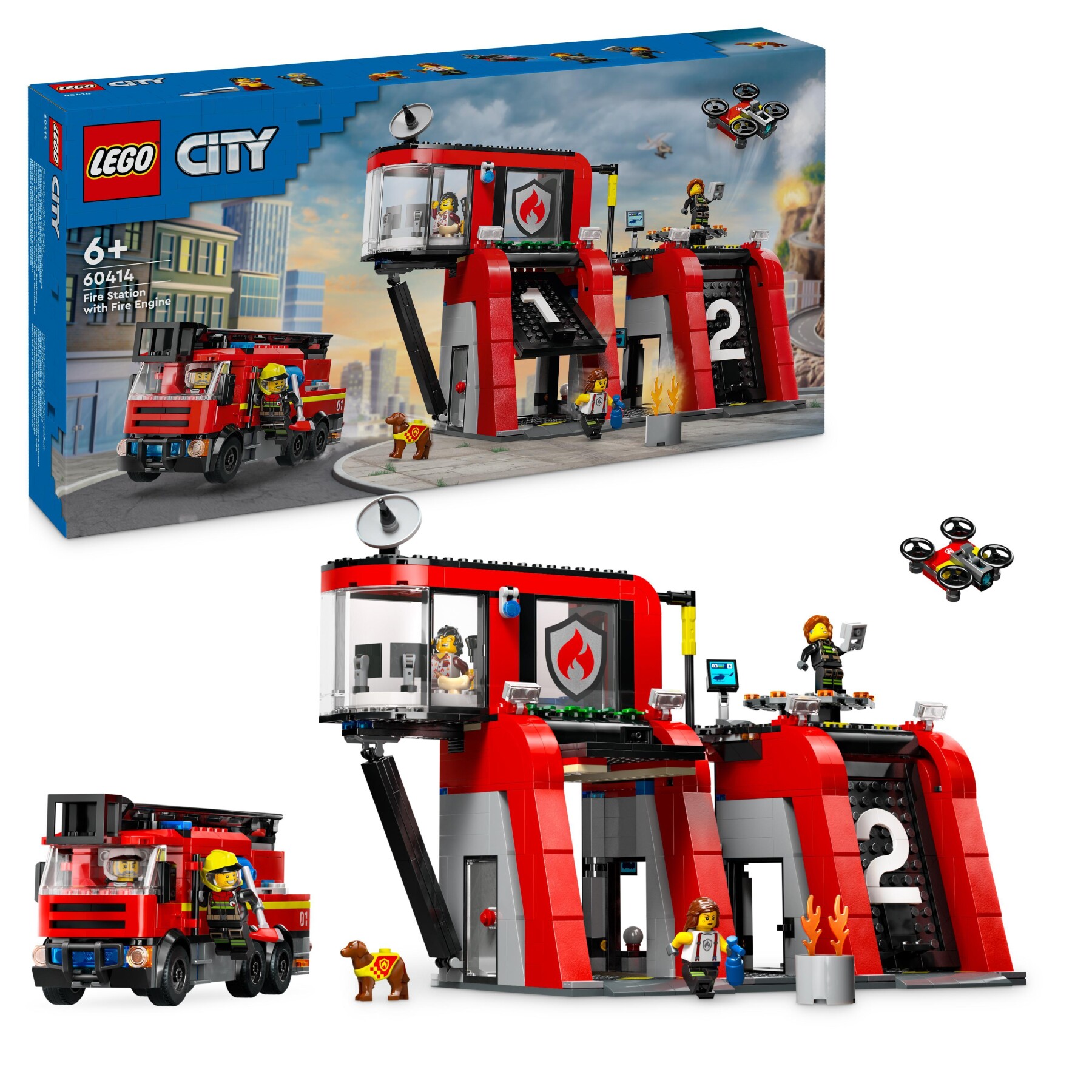 Lego city 60414 caserma dei pompieri e autopompa con camion giocattolo, 6 minifigure, cane e accessori, gioco per bambini 6+ - LEGO CITY