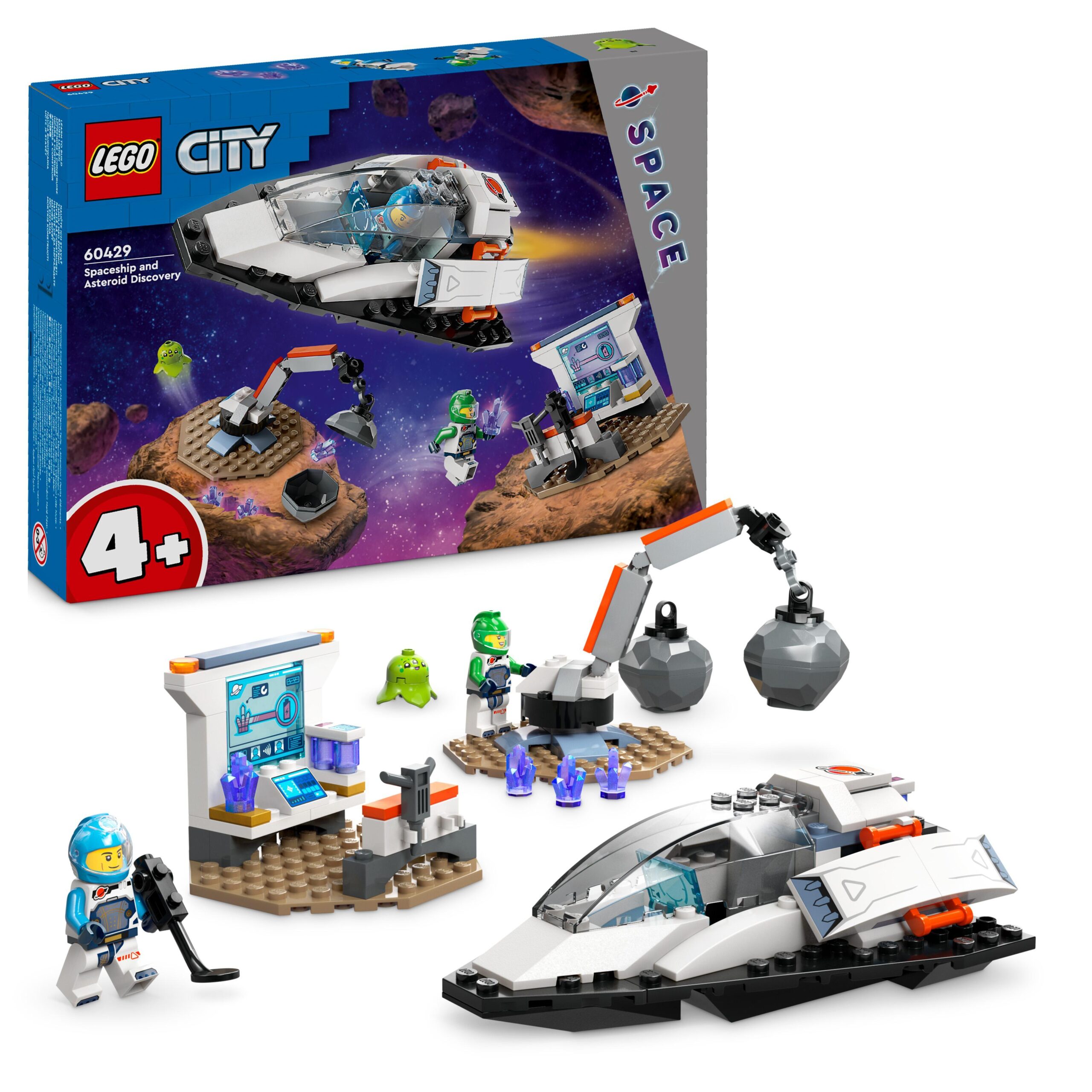 Lego city 60429 navetta spaziale e scoperta di asteroidi, gioco per bambini 4+ con astronave giocattolo, gru e 2 minifigure