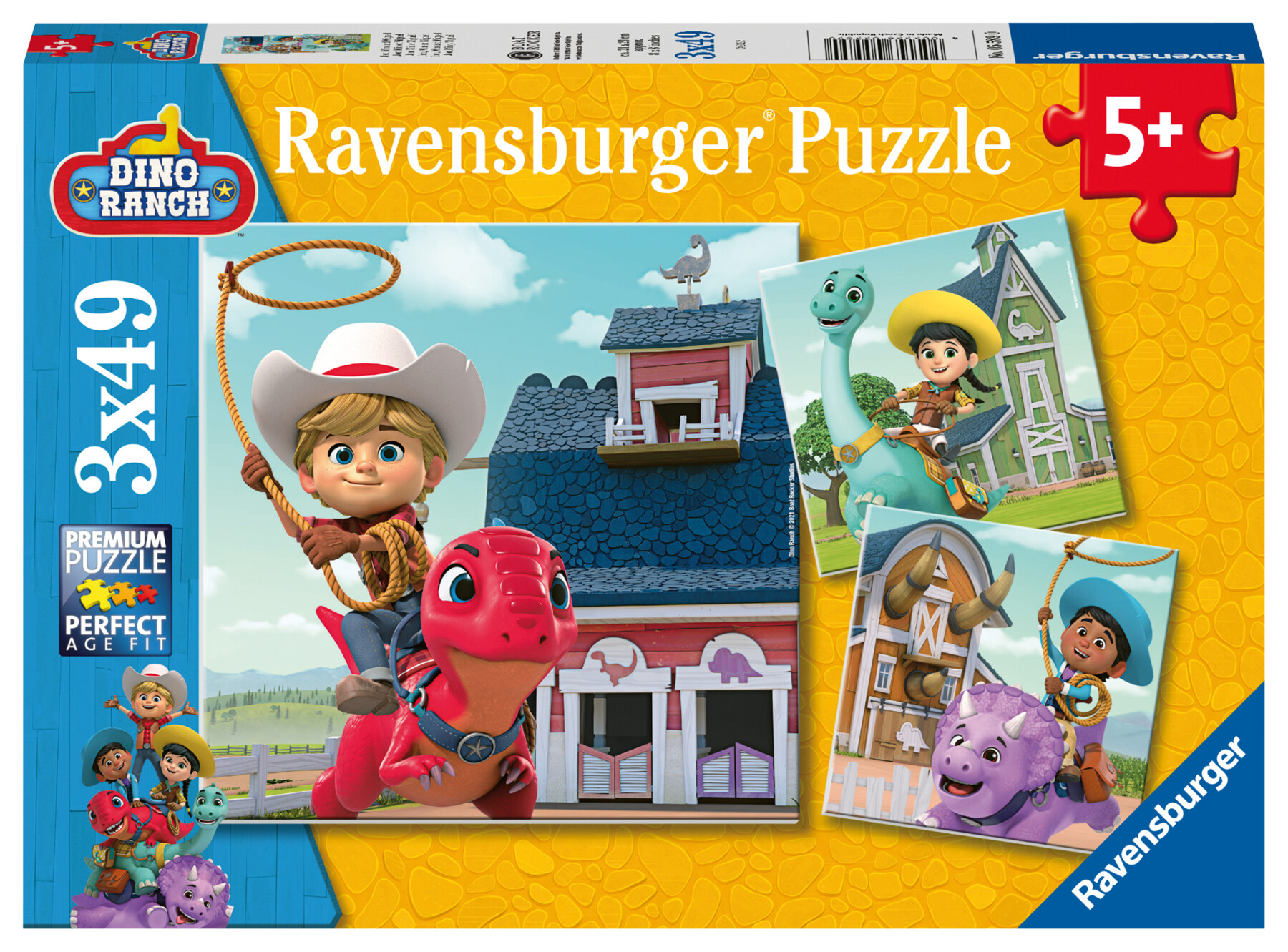 Ravensburger - puzzle dino ranch, collezione 3x49, 3 puzzle da 49 pezzi, età raccomandata 5+ anni - RAVENSBURGER