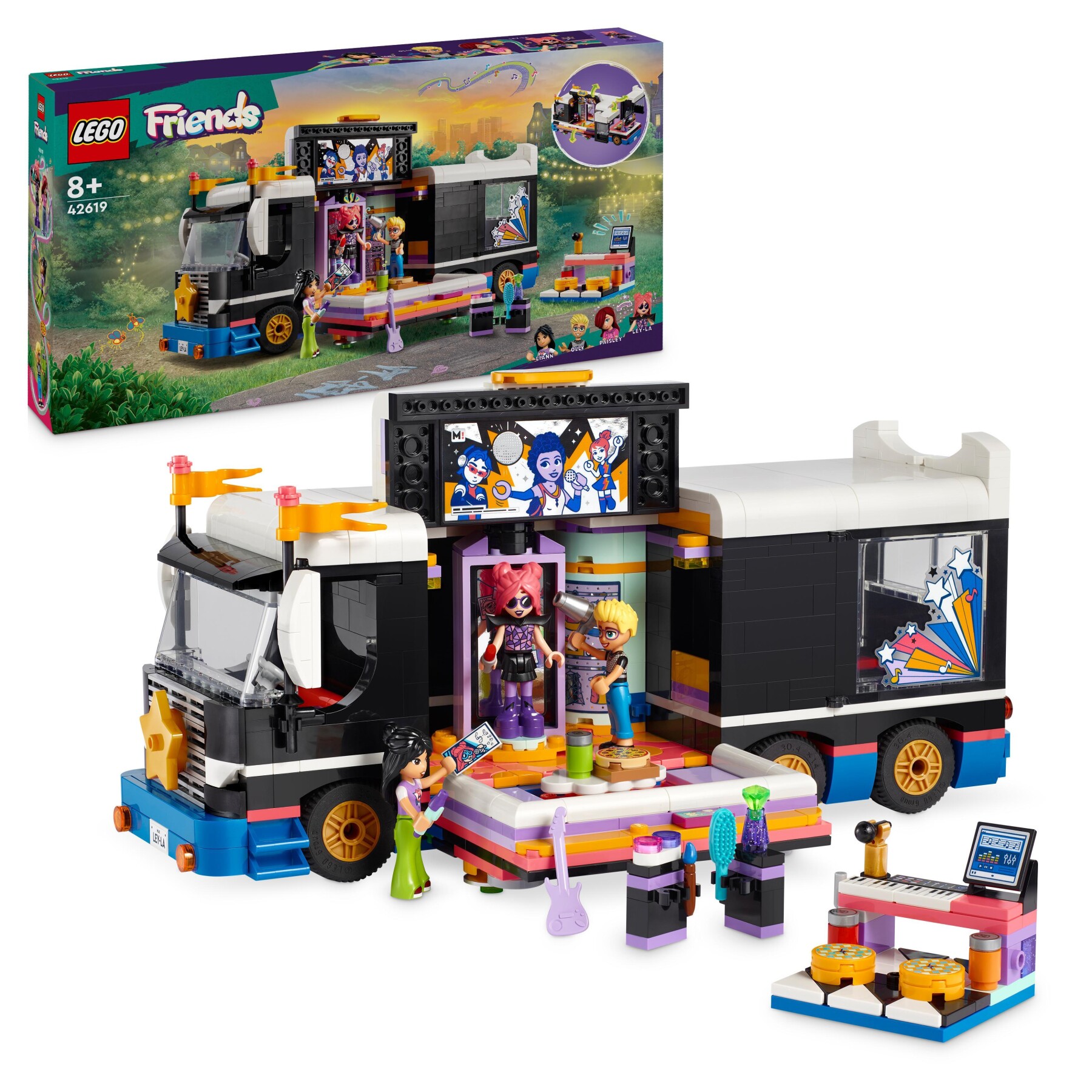 Lego friends 42619 tour bus delle pop star, giochi per bambini 8+, modello da costruire di autobus giocattolo e 4 mini bamboline - LEGO FRIENDS