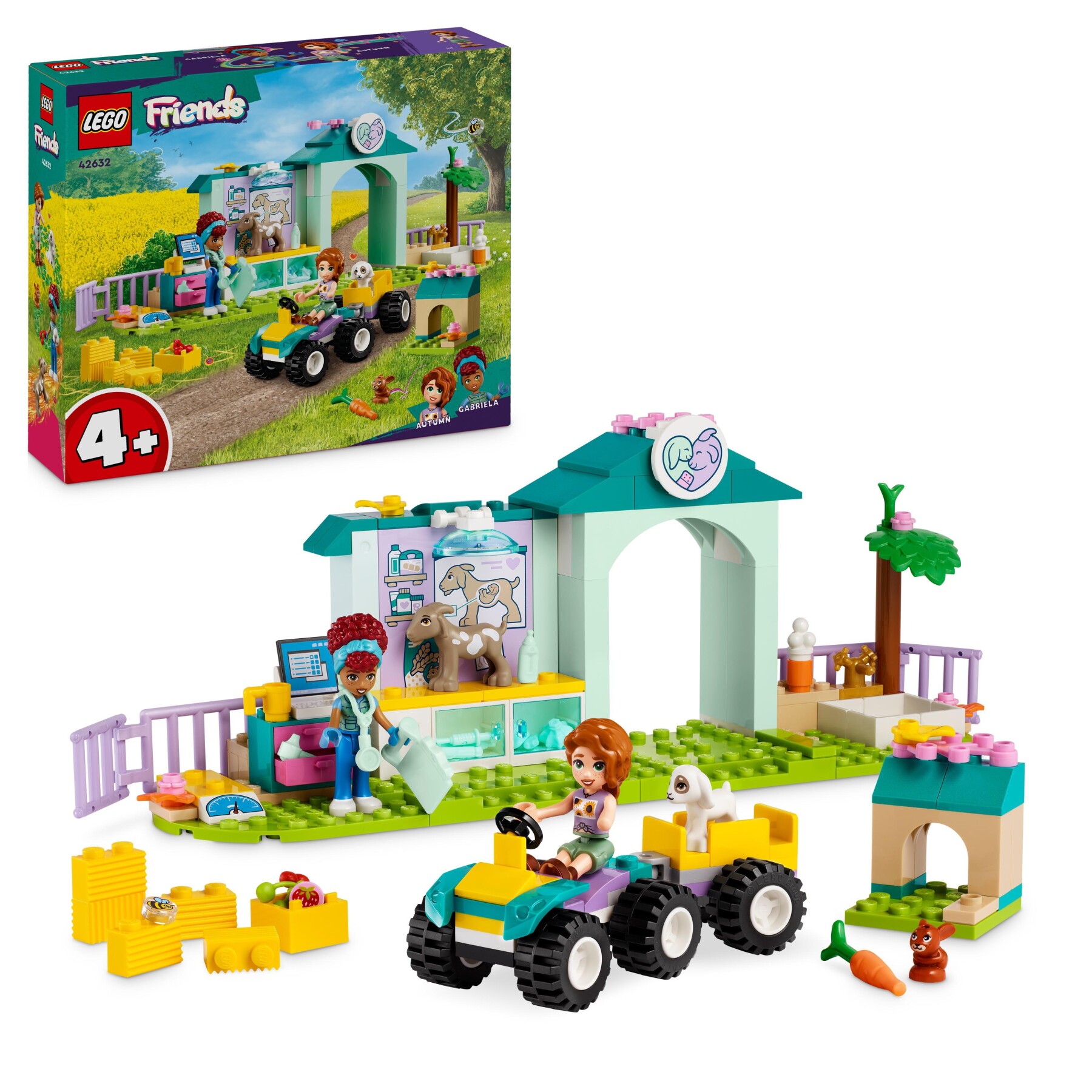 Lego friends 42632 la clinica veterinaria degli animali della fattoria, giochi bambini 4+ con personaggi e trattore giocattolo