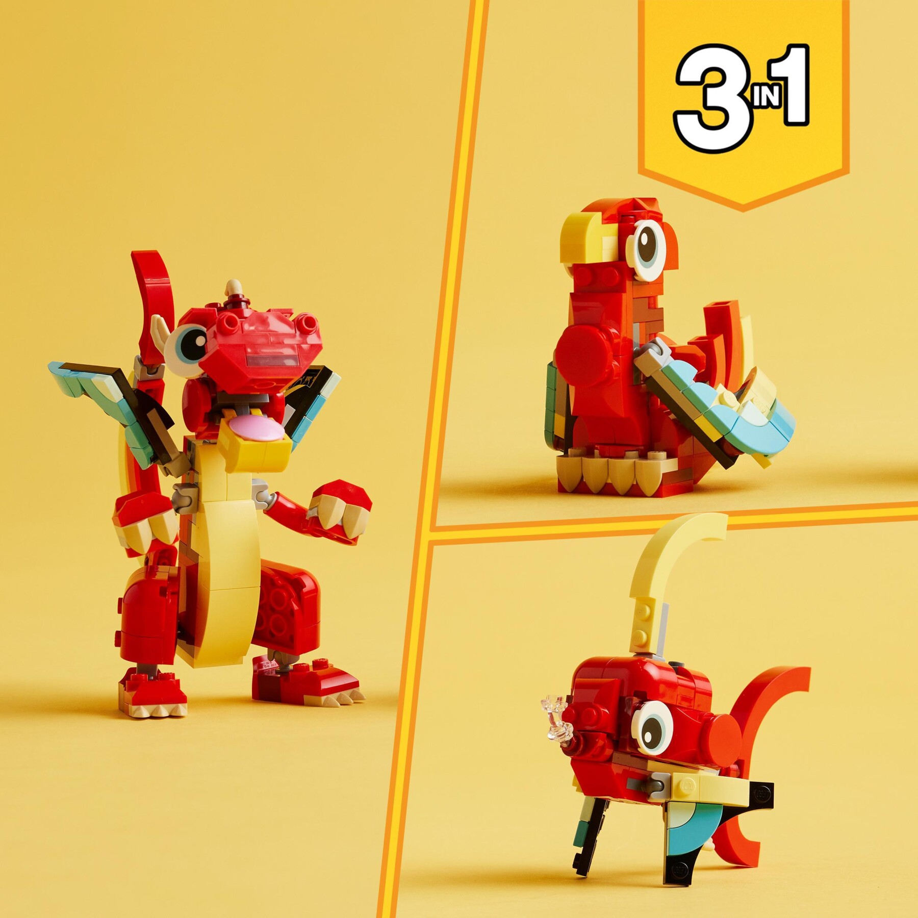 Lego creator 31145 3in1 drago rosso, giochi per bambini di 6+ anni, action figure ricostruibile in pesce e fenice giocattolo - LEGO CREATOR
