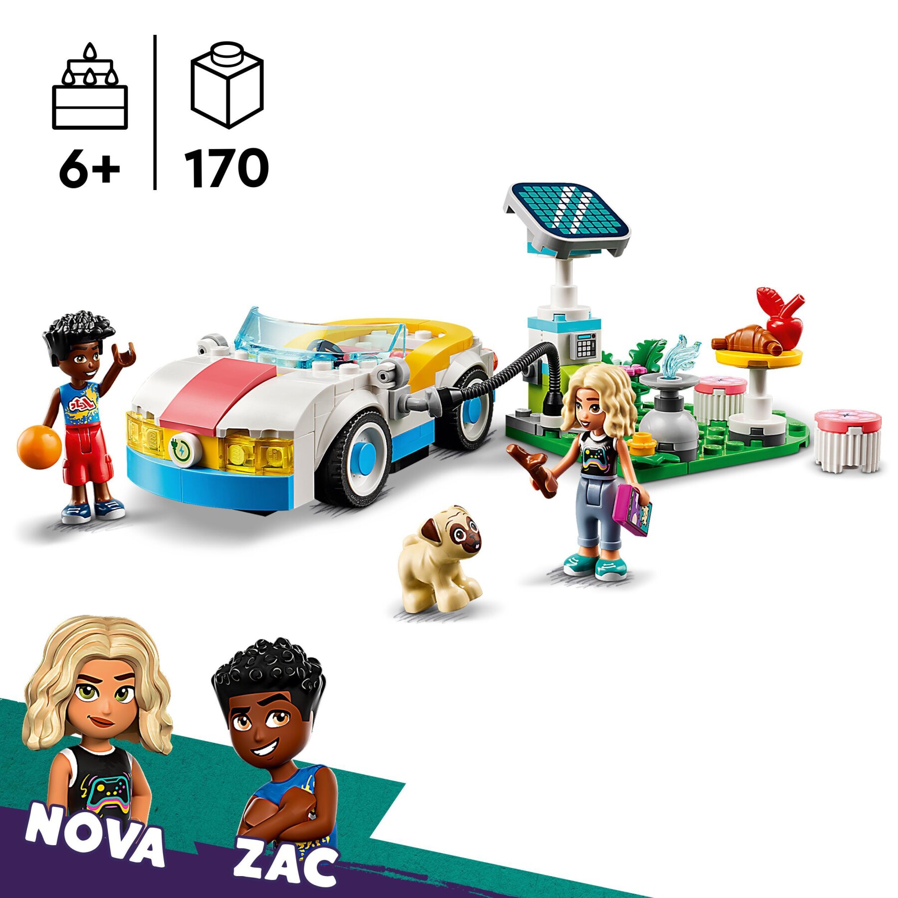 Lego friends 42609 auto elettrica e caricabatterie, giochi per bambini di 6+ anni con macchina giocattolo e 2 mini bamboline - LEGO FRIENDS