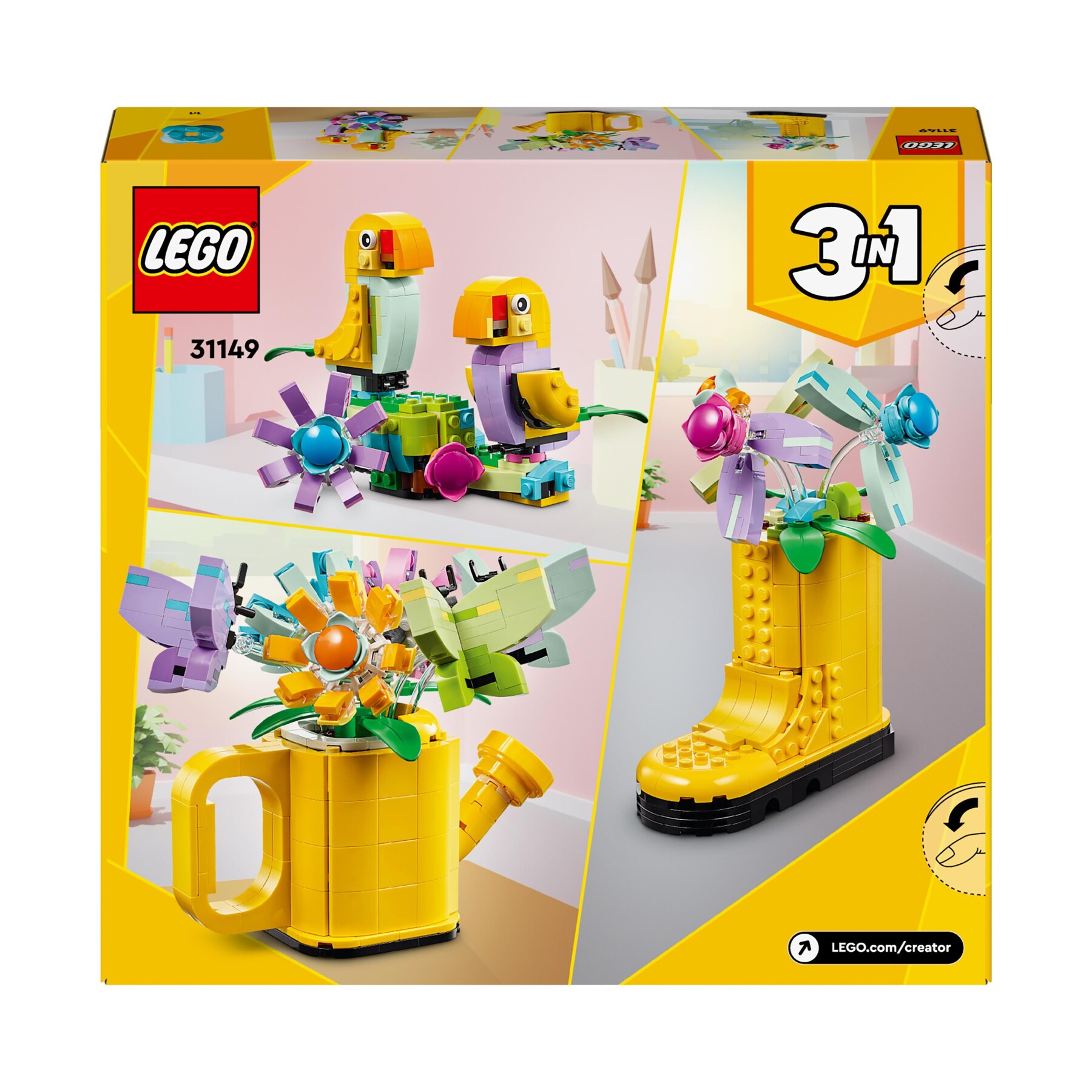 Lego creator 31149 3in1 innaffiatoio con fiori finti trasformabile in stivale o in 2 uccelli con trespolo, giochi per bambini 8+ - LEGO CREATOR