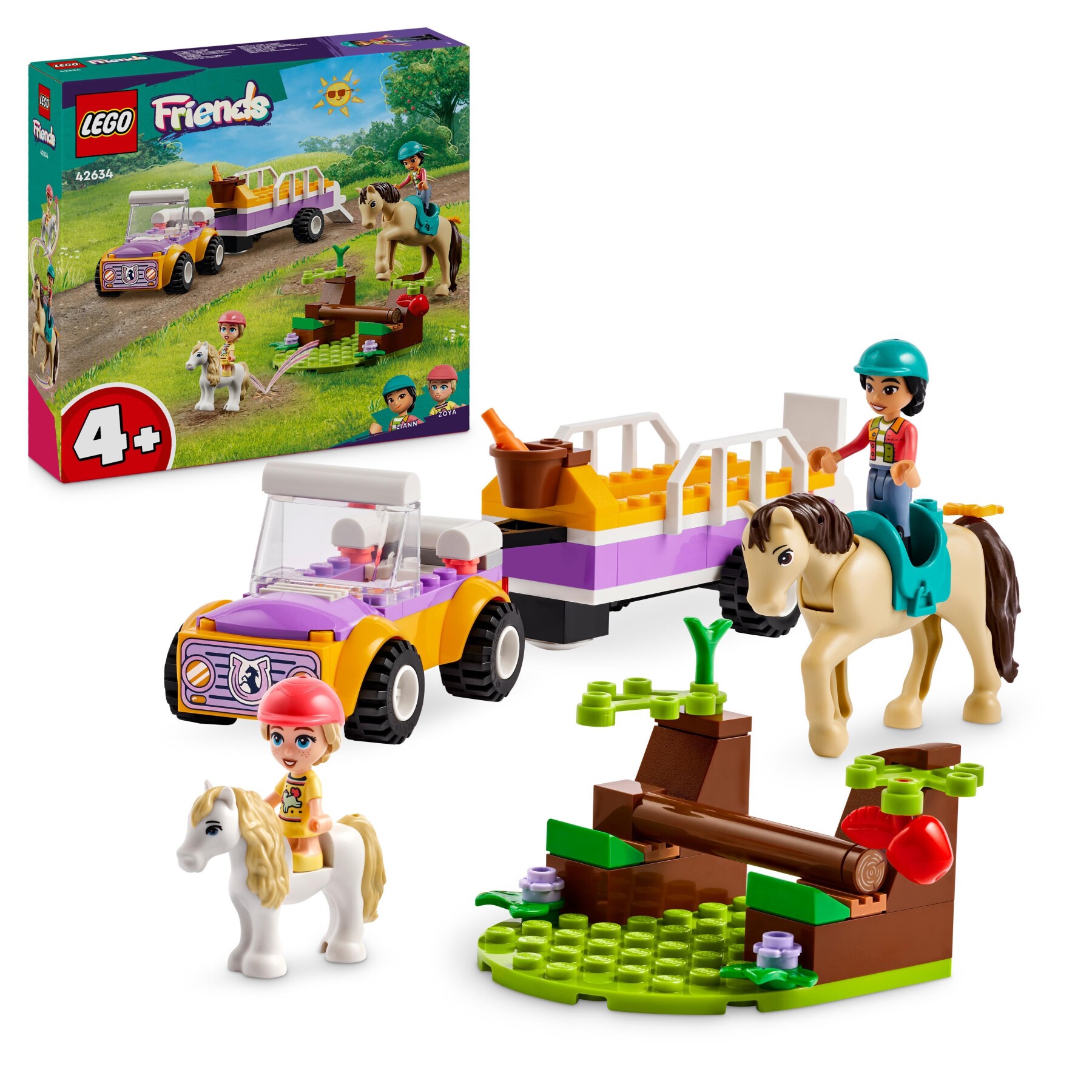 Lego friends 42634 rimorchio con cavallo e pony, giocattolo per la cura degli animali con 2 mini bamboline, giochi bambini 4+