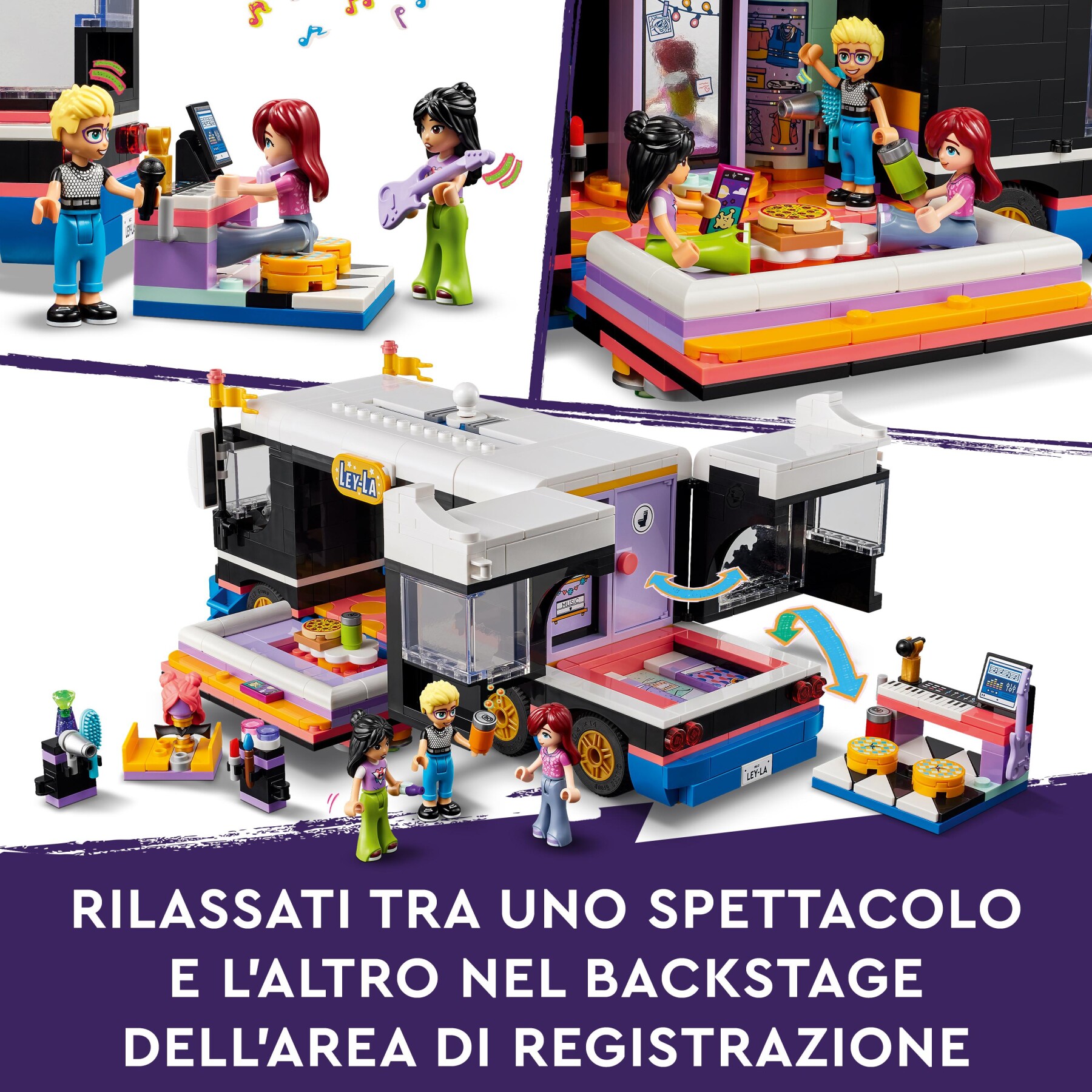 Lego friends 42619 tour bus delle pop star, giochi per bambini 8+, modello da costruire di autobus giocattolo e 4 mini bamboline - LEGO FRIENDS