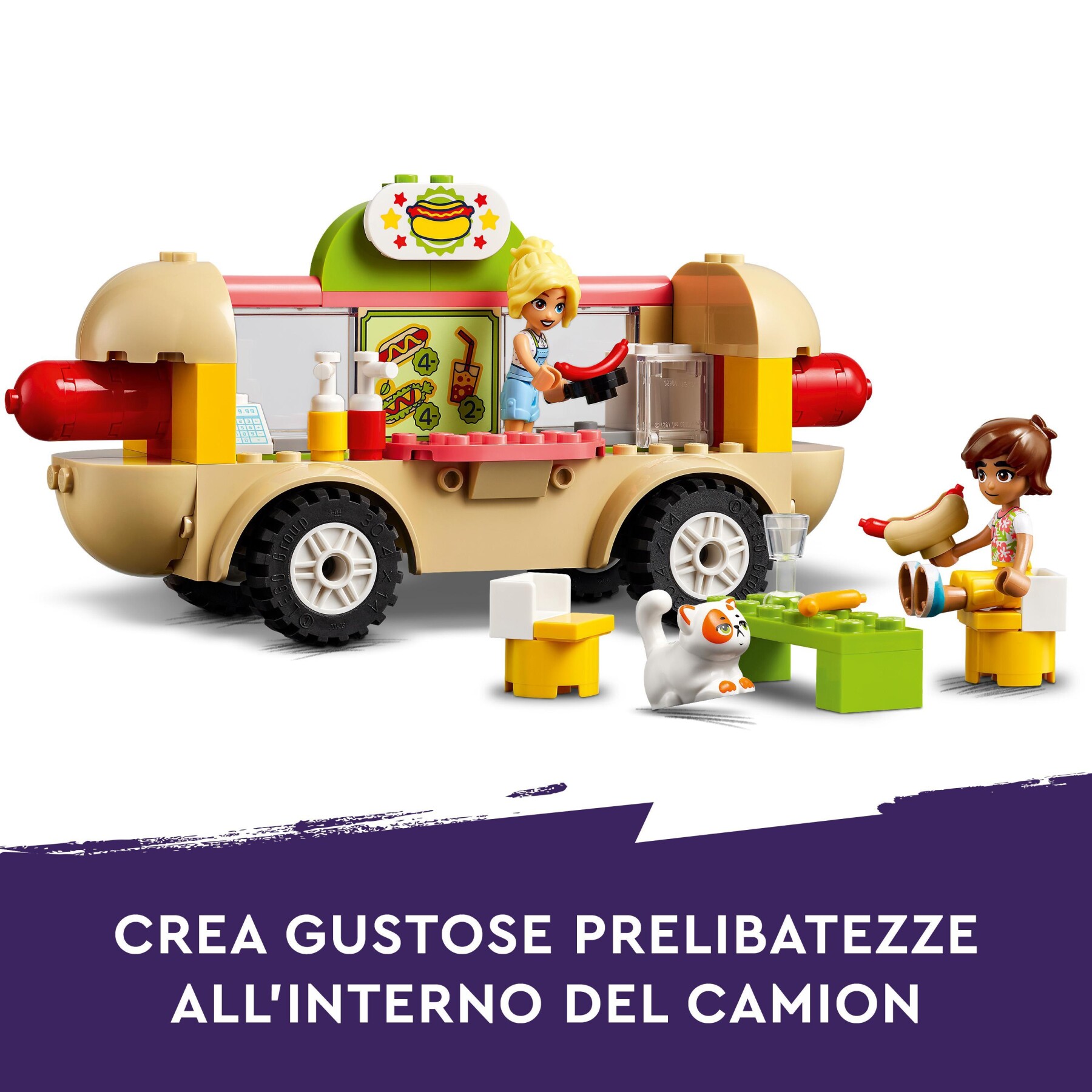Lego friends 42633 food truck hot-dog, giochi per bambini 4+, piccolo camion giocattolo con cucina, 2 mini bamboline e gatto - LEGO FRIENDS