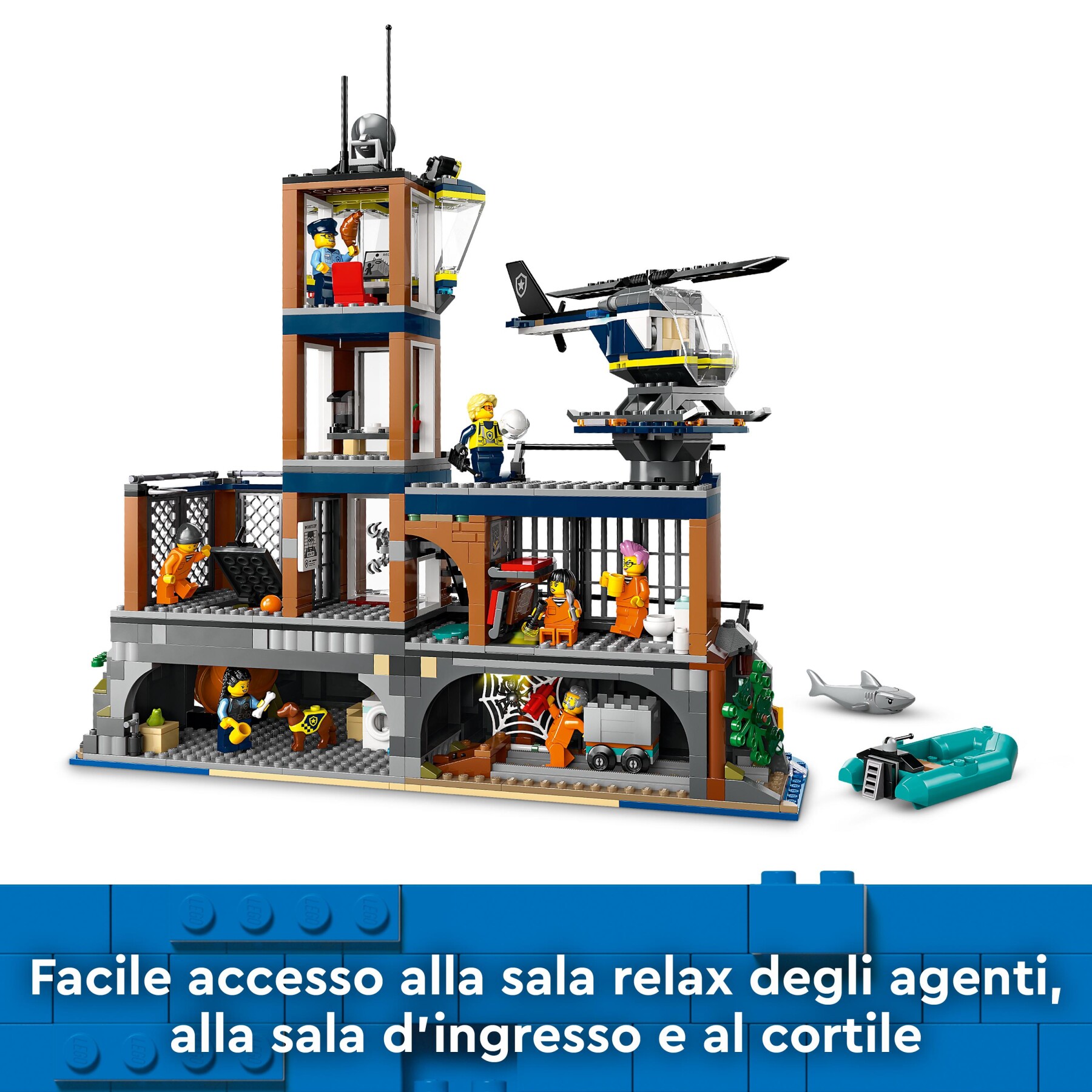 Lego city 60419 prigione sull’isola della polizia, giocattolo ricco di funzioni con elicottero, barca, gommone e 7 minifigure - LEGO CITY