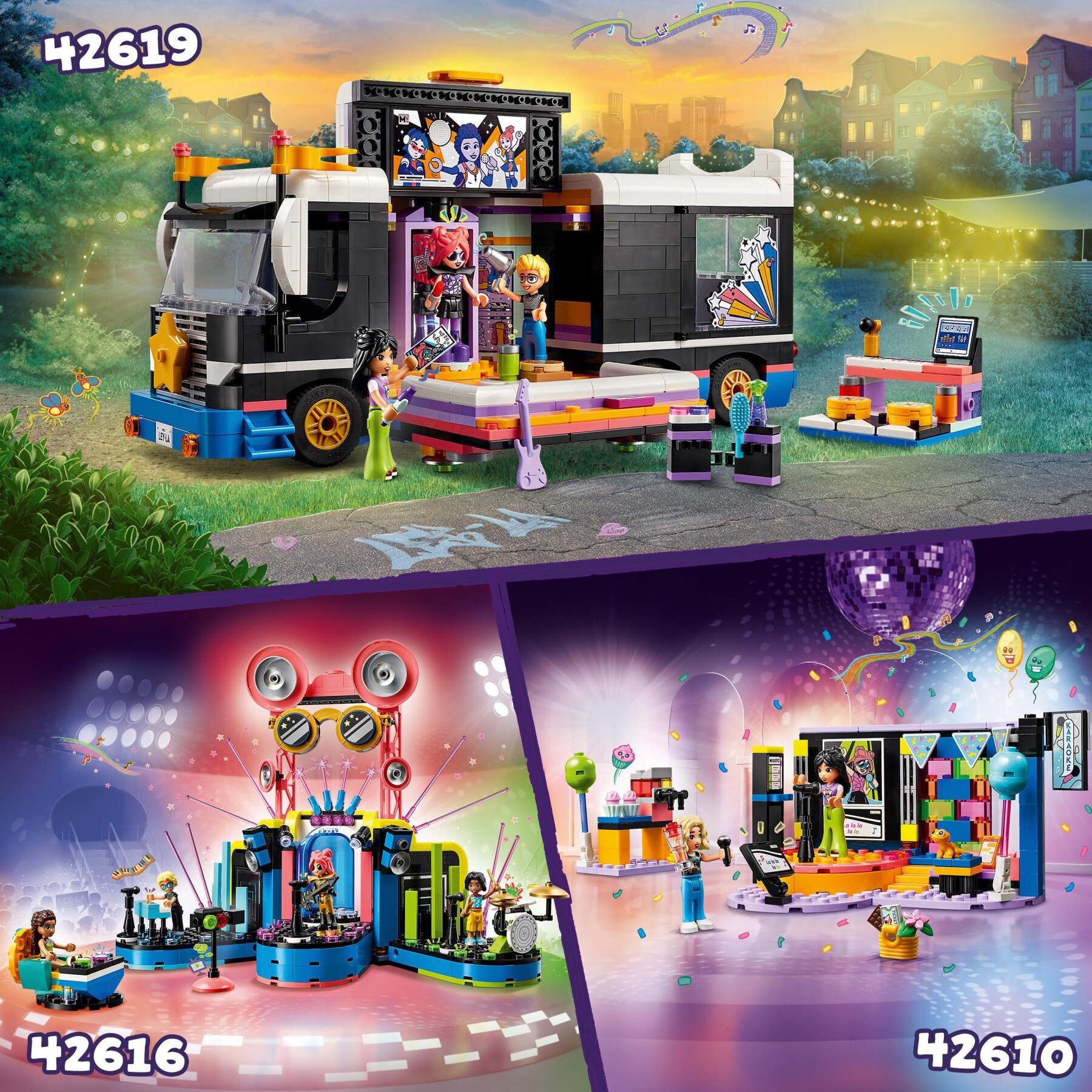 Lego friends 42610 karaoke party, giochi musicali per bambini di 6+ anni con palco girevole e 2 mini bamboline di liann e nova - LEGO FRIENDS