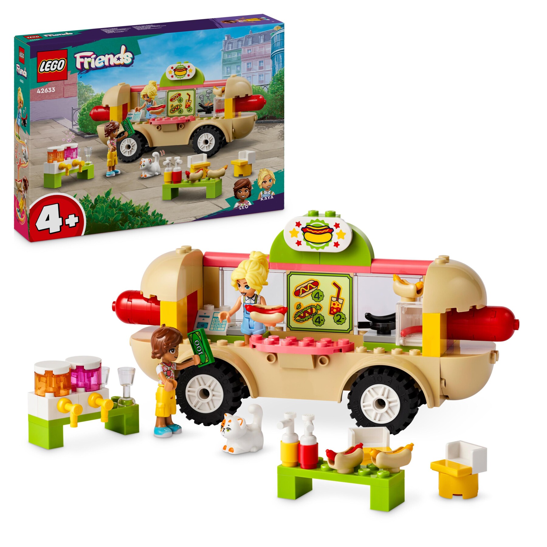 Lego friends 42633 food truck hot-dog, giochi per bambini 4+, piccolo camion giocattolo con cucina, 2 mini bamboline e gatto