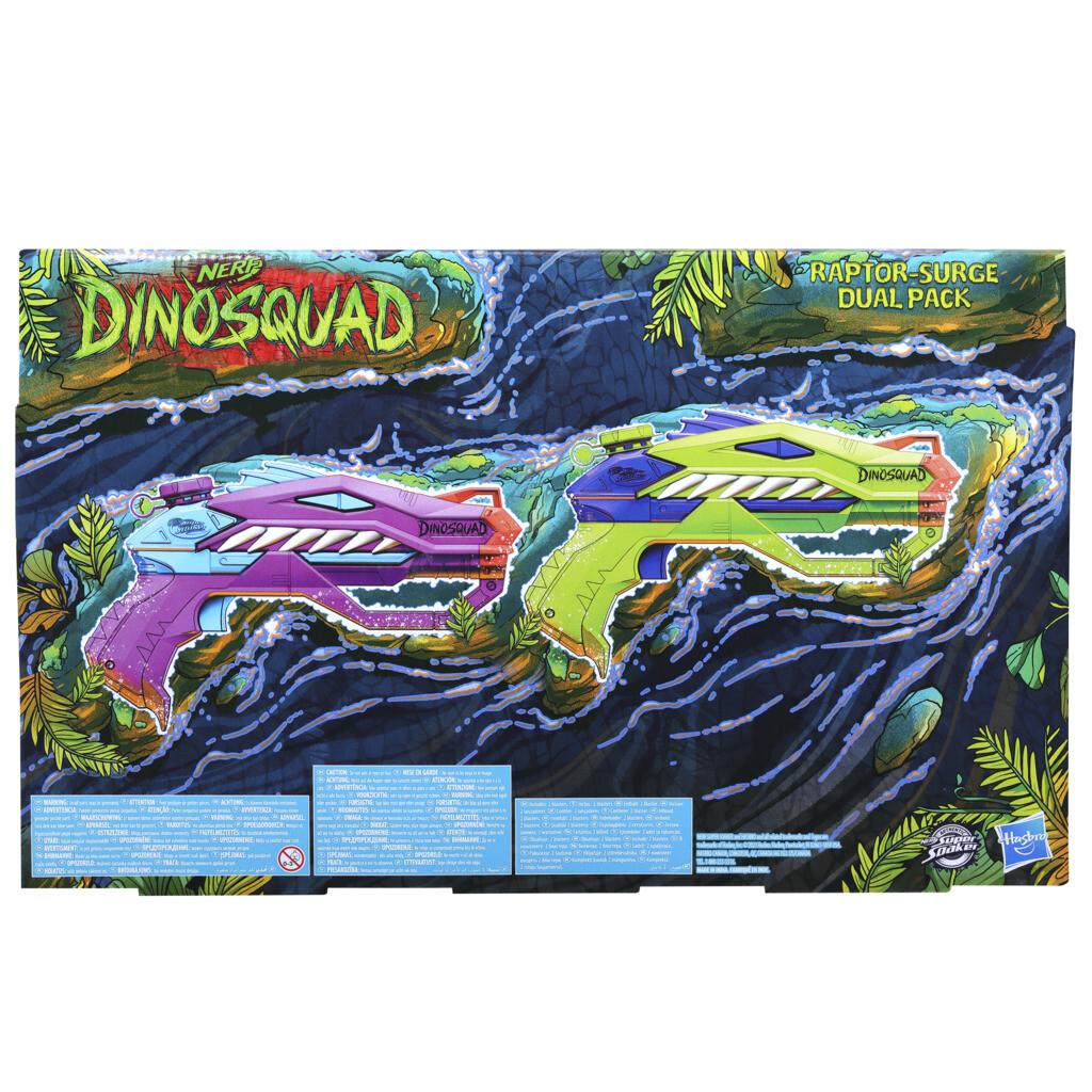 Nerf super soaker - dinosquad, 2 raptor-surge, include 2 soaker con design a forma di dinosauro - NERF