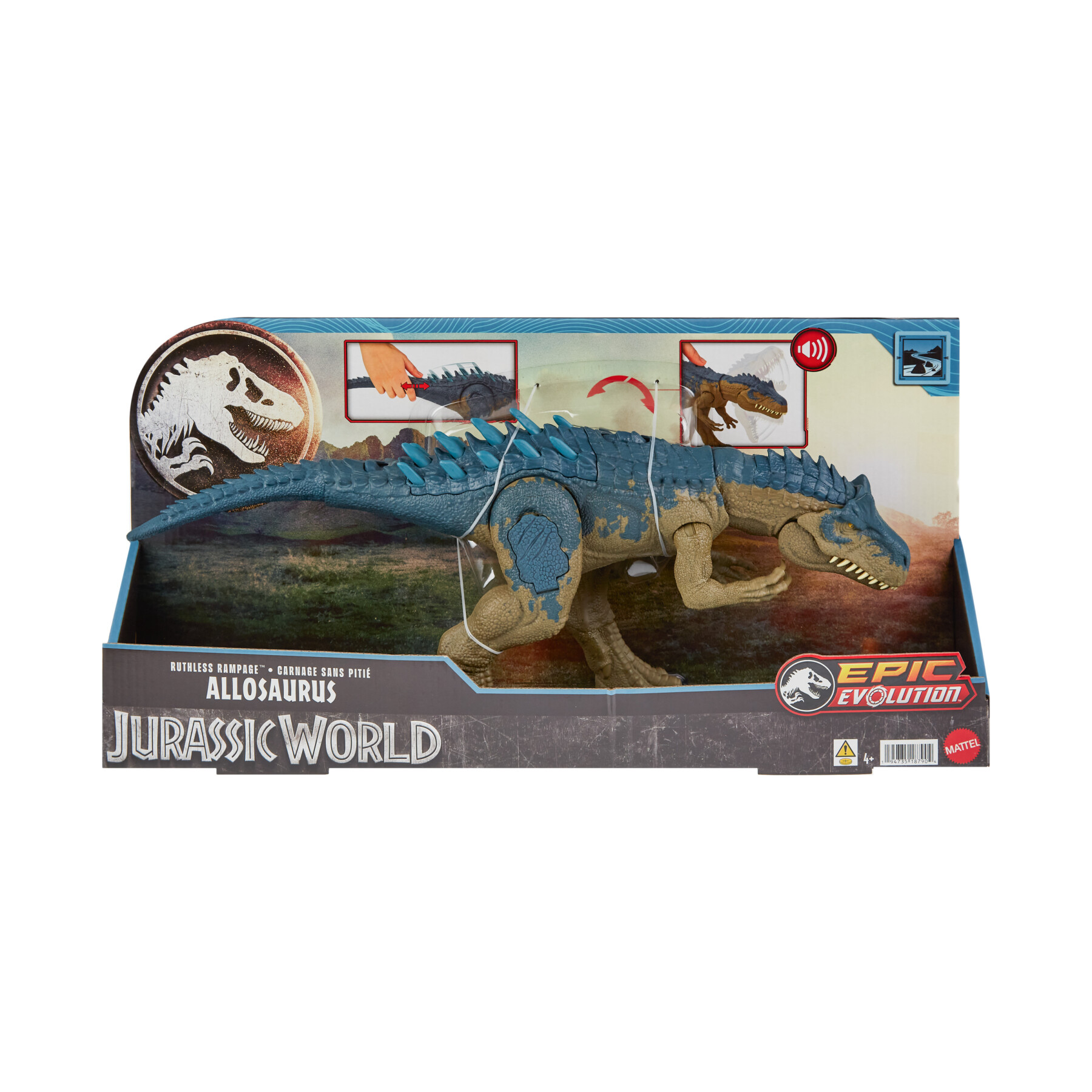 Jurassic world - allosauro furia selvaggia, dinosauro con aculei da combattimento e ruggito, azione d'attacco con il collo e morso attivabili con il pulsante - Jurassic World