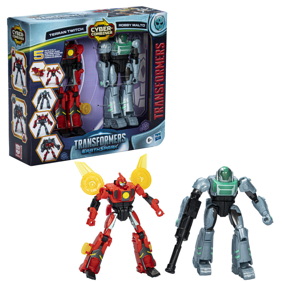 Transformers earthspark, cyber-combiner, action figure robot di twitch terrestre e robby malto - Transformers
