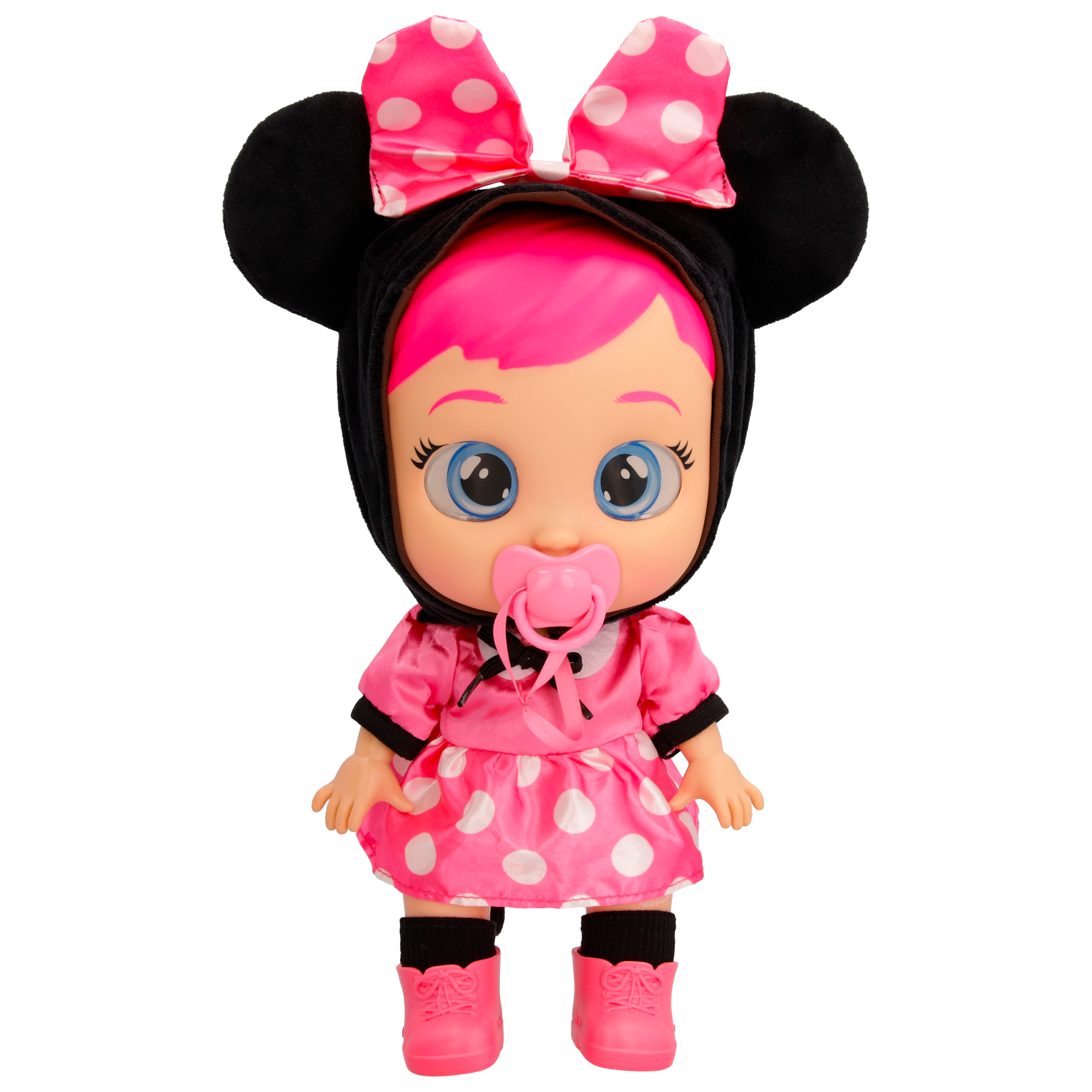 Cry babies disney minnie, bambola che indossa iconico vestito di minnie con ciuccio e biberon e piange lacrime vere - CRY BABIES