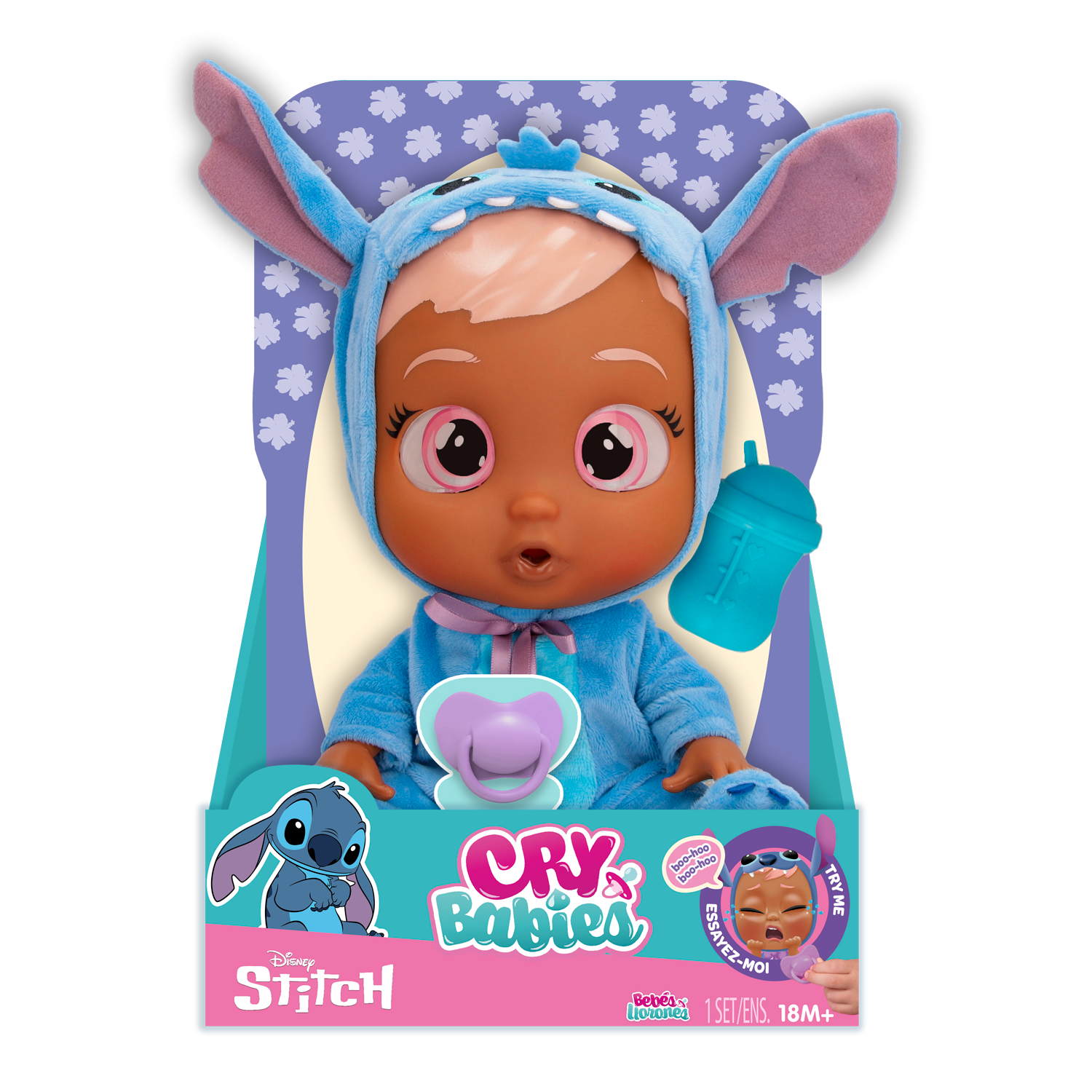 Cry babies disney stitch, bambola che indossa iconico vestito di minnie con ciuccio e biberon e piange lacrime vere - Disney Stitch