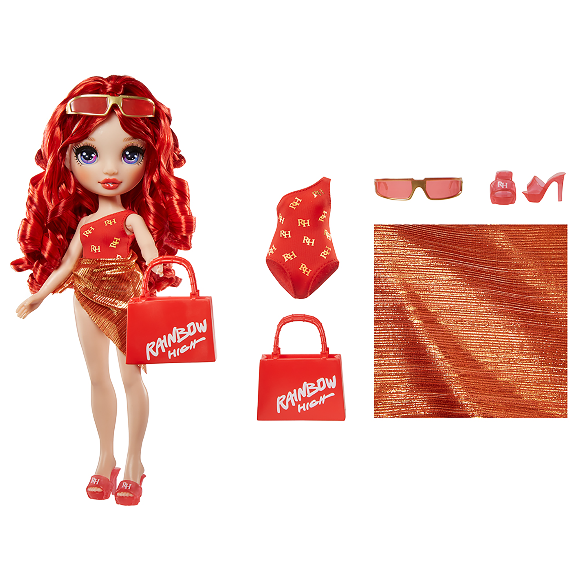 Rainbow high swim & style - ruby (rossa) - bambola da 28 cm con confezione scintillante e oltre 10 outfit - costume da bagno rimovibile, sandali, accessori divertenti - Rainbow High