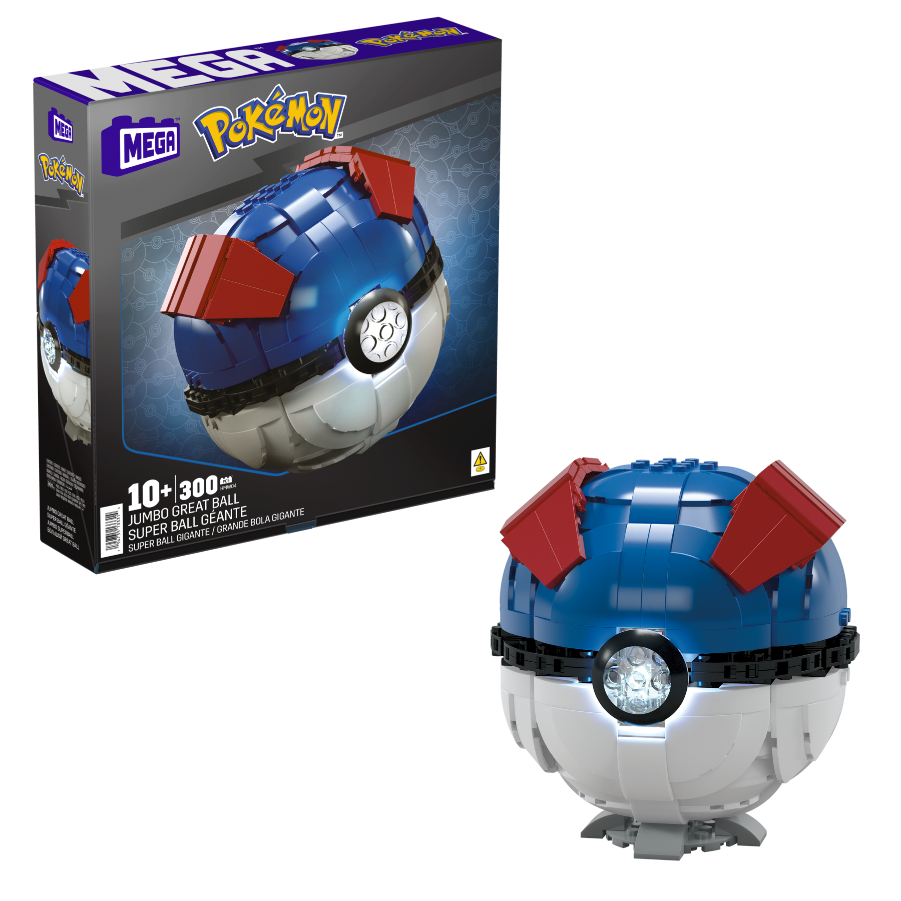 Mega pokémon - mega ball gigante, set da costruire con 299 pezzi e luci, pulsante centrale si illumina e lampeggia - MEGA BLOKS