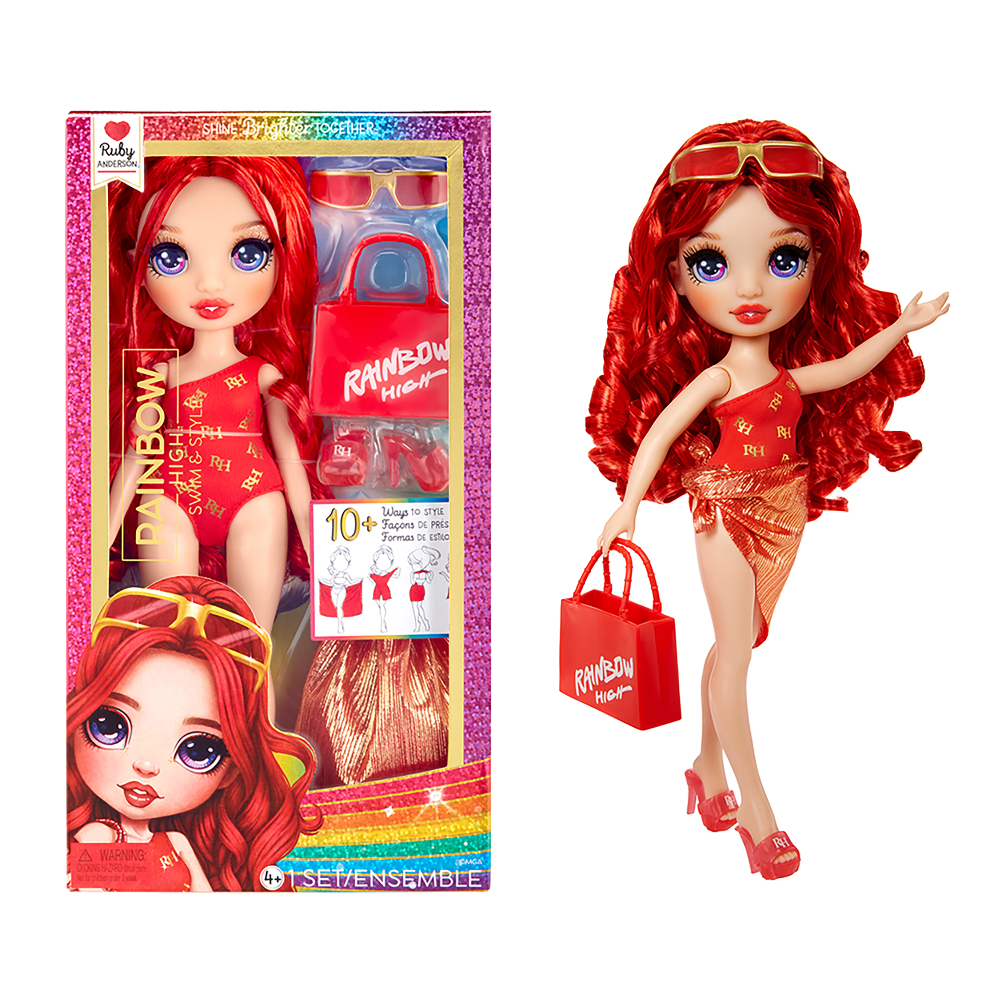 Rainbow high swim & style - ruby (rossa) - bambola da 28 cm con confezione scintillante e oltre 10 outfit - costume da bagno rimovibile, sandali, accessori divertenti - Rainbow High