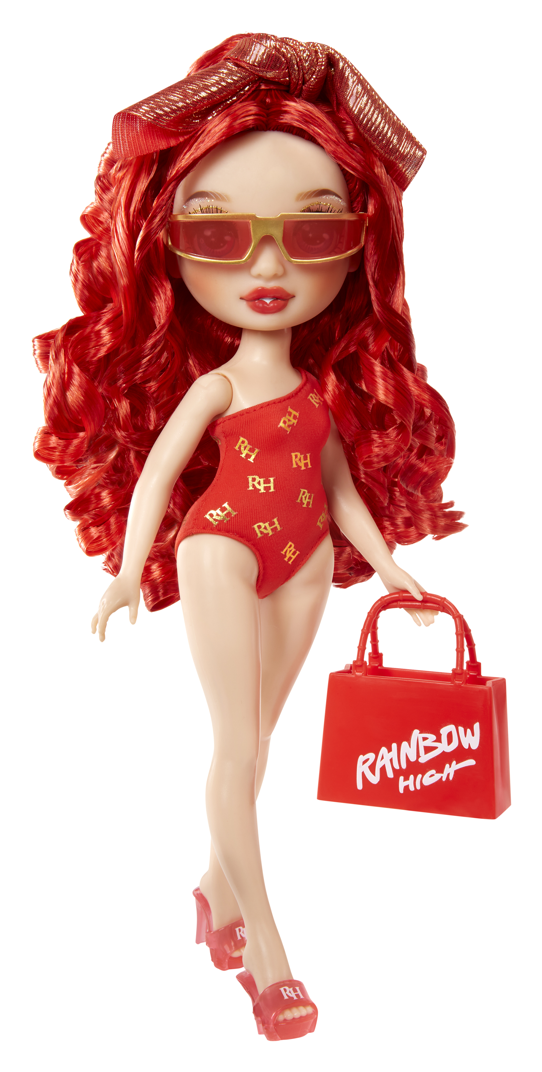 Rainbow high swim & style - ruby (rossa) - bambola da 28 cm con confezione scintillante e oltre 10 outfit - costume da bagno rimovibile, sandali, accessori divertenti - Rainbow High